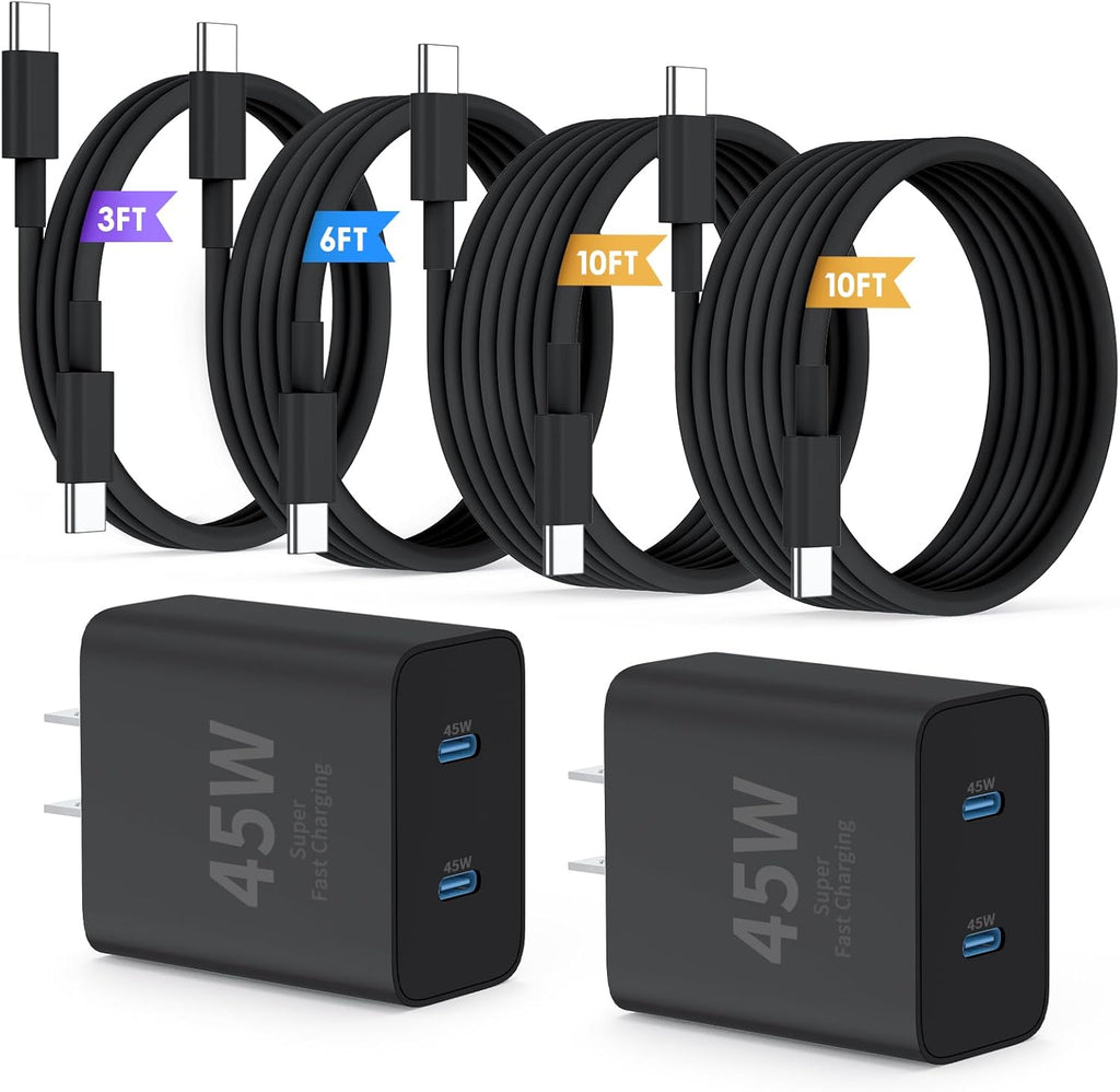 Super Fast Samsung Charger Type C,45W Dual Port USB C Fast Charger Block [2-Pack] & Extra Long 60W 3/6/10/10FT USB C Cable - PD Quick Charging 3.0 For Samsung Galaxy S25 Ultra/S24+/S23 iPhone 16
