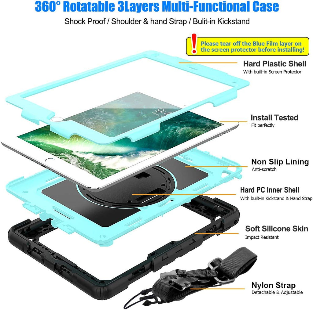 SEYMAC stock Case for iPad 6th / 5th Generation Case/Air 2 / Pro 9.7 inch, Heavy Duty Protective with Screen Protector, with Pencil Holder, Hand Strap, Shoulder Strap, 360 Rotate Stand, SkyBlue+Black