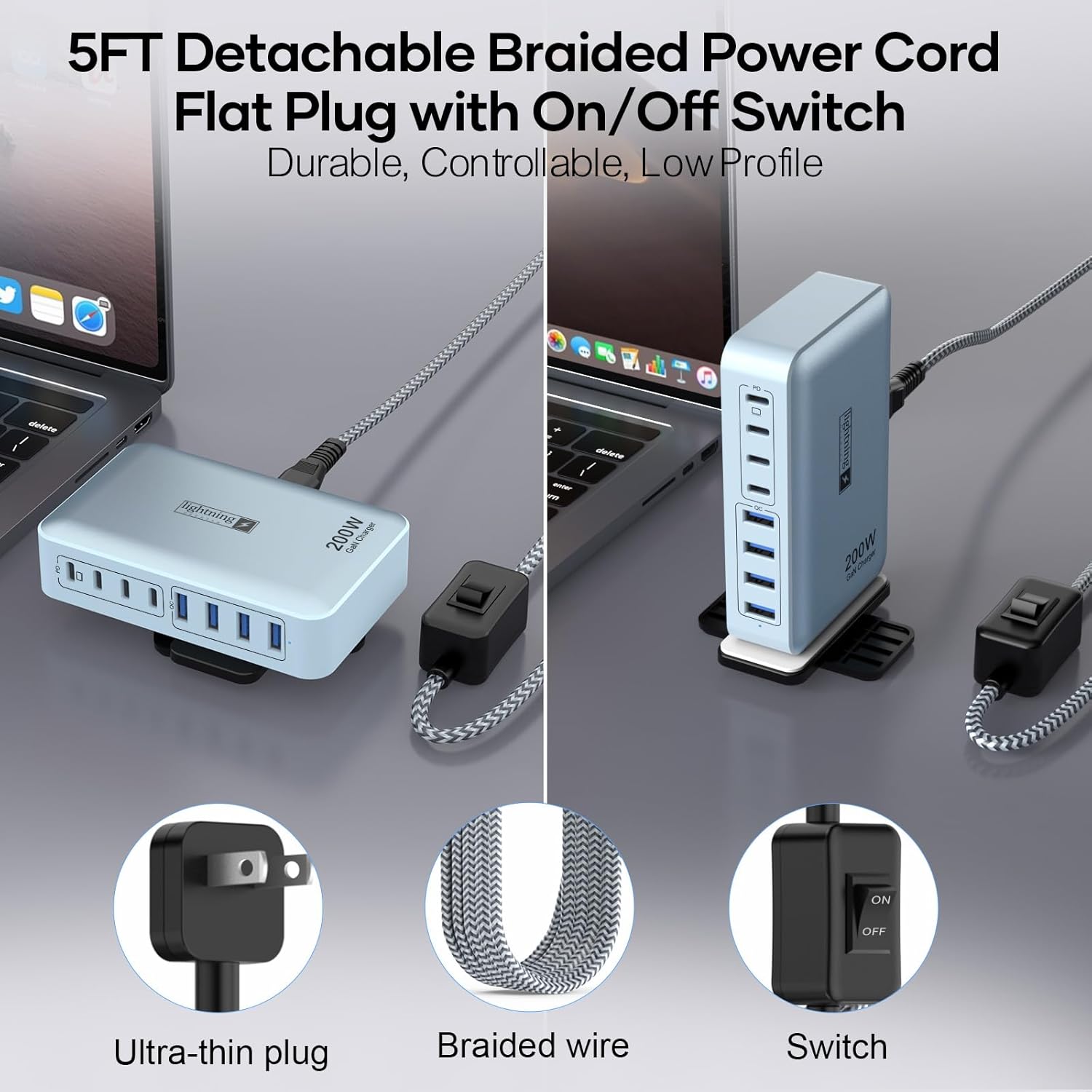 8-Port Multi Charging Stations 200W with Flat Plug, Braided Power Cord, and On/Off Switch- USB Charging Hub for iPhone, iPad, MacBook and More- 65W C Port Power Adapter for Laptops