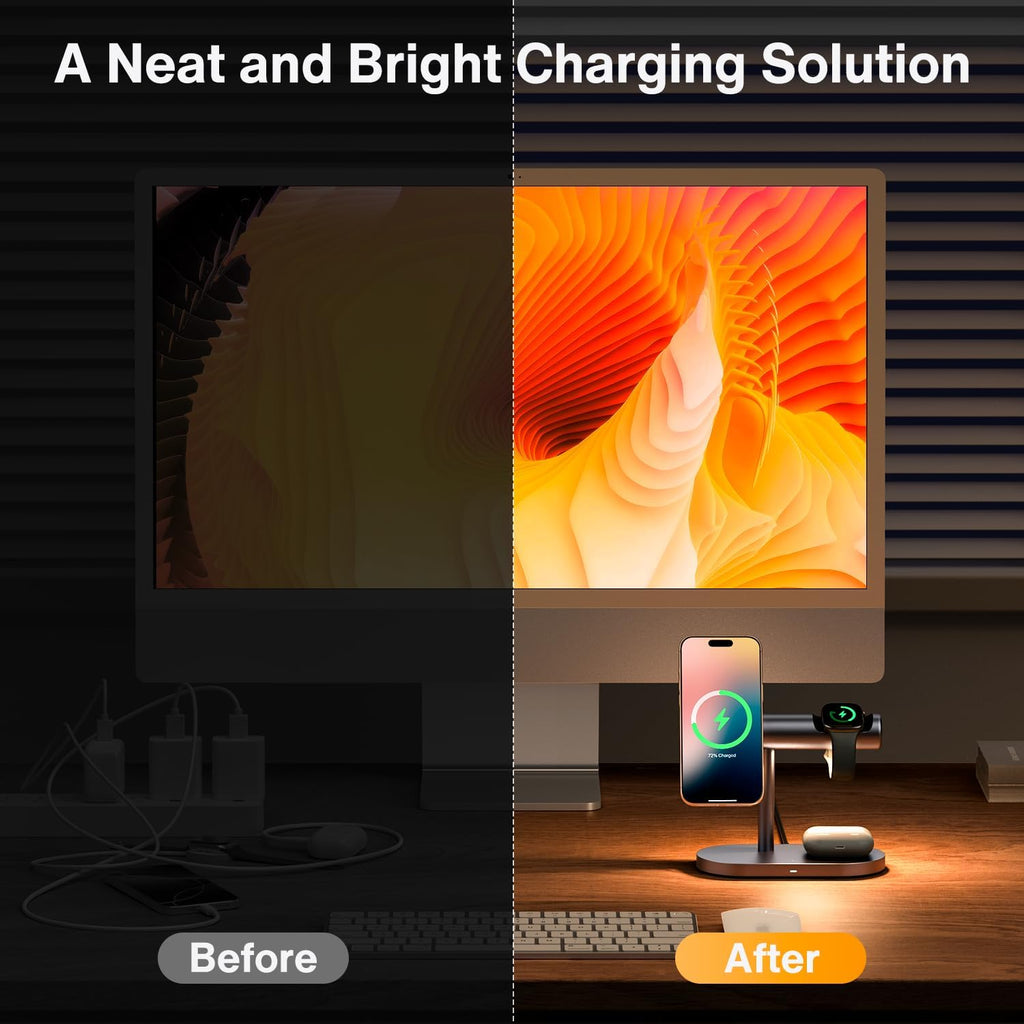iVANKY Qi2 Certified 4 in 1 Wireless Charger Stand with Nightstand Light for MagSafe Magnetic Charging Station for iPhone 17/16 Plus Pro Max Air,Apple iWatch, Airpods (with 33 W PD Charger) ﻿
