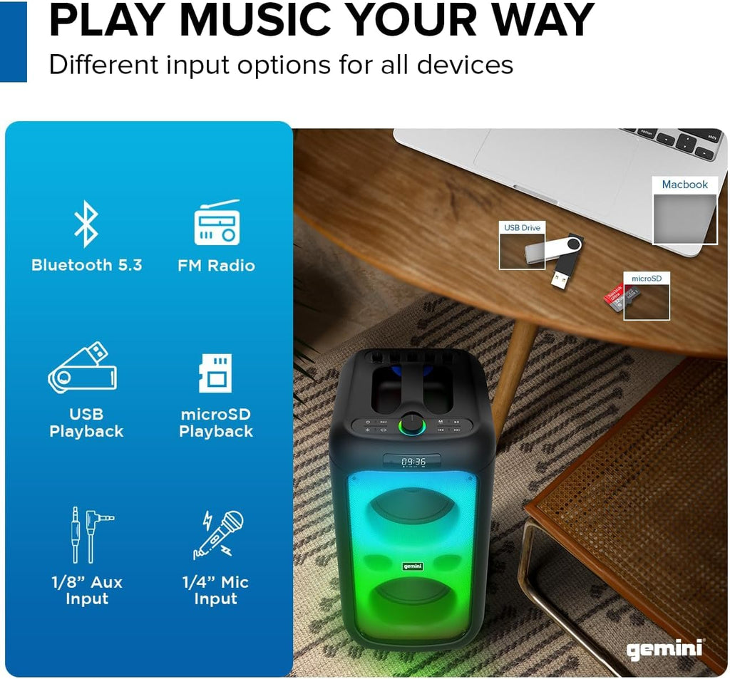 Gemini 200W Portable Bluetooth Party Speaker with Dual 6.5" Woofers, LED Lights, Wireless Mic, 9Hr Battery Play Time, TWS Pairing & USB Playback (GGO-2650L)