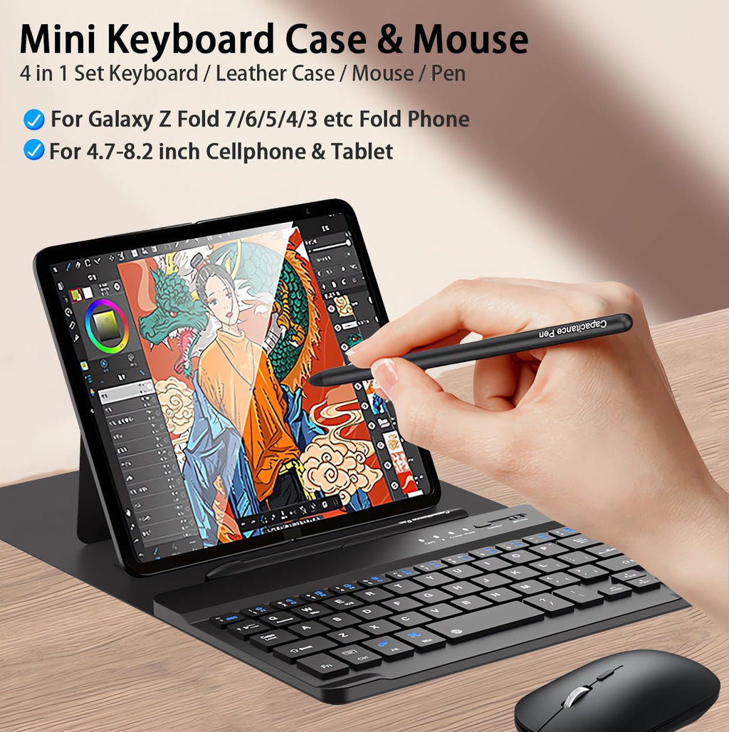 for Samsung Galaxy Z Fold 7 6 5 Keyboard and Mouse, Portable Mini 7.9 inch Bluetooth Keyboard with Leather Case and Capacitive Pen, 4 in 1 Set for Z Fold7 6 Accessories