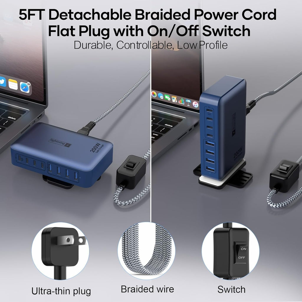 8-Port iPhone Charger Fast Charging 200W with Flat Plug, Braided Power Cord, and On/Off Switch- USB Charging Hub for iPhone, iPad, MacBook and More- 65W C Port Power Adapter for Laptops