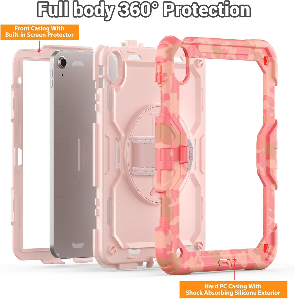 SEYMAC for iPad (A16) 11th/10th Generation 2025/2022 (11″/10.9″), Heavy Duty Full-Body Shockproof Protective Case with Screen Protector, Rotating Stand, Hand/Shoulder Strap, Multicolor/Pink