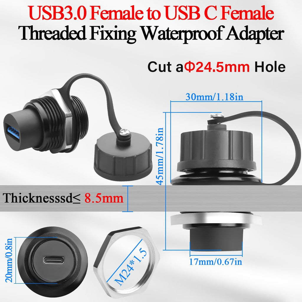 QIANRENON USB 3.0 to USB C Threaded Fixing Waterproof Adapter 5Gbps USB3.0 Female to USB Type C Female Feedthrough Bulkhead Mount Connector Receptacle 5V/1.5A, for Outdoor Data Transfer Charge