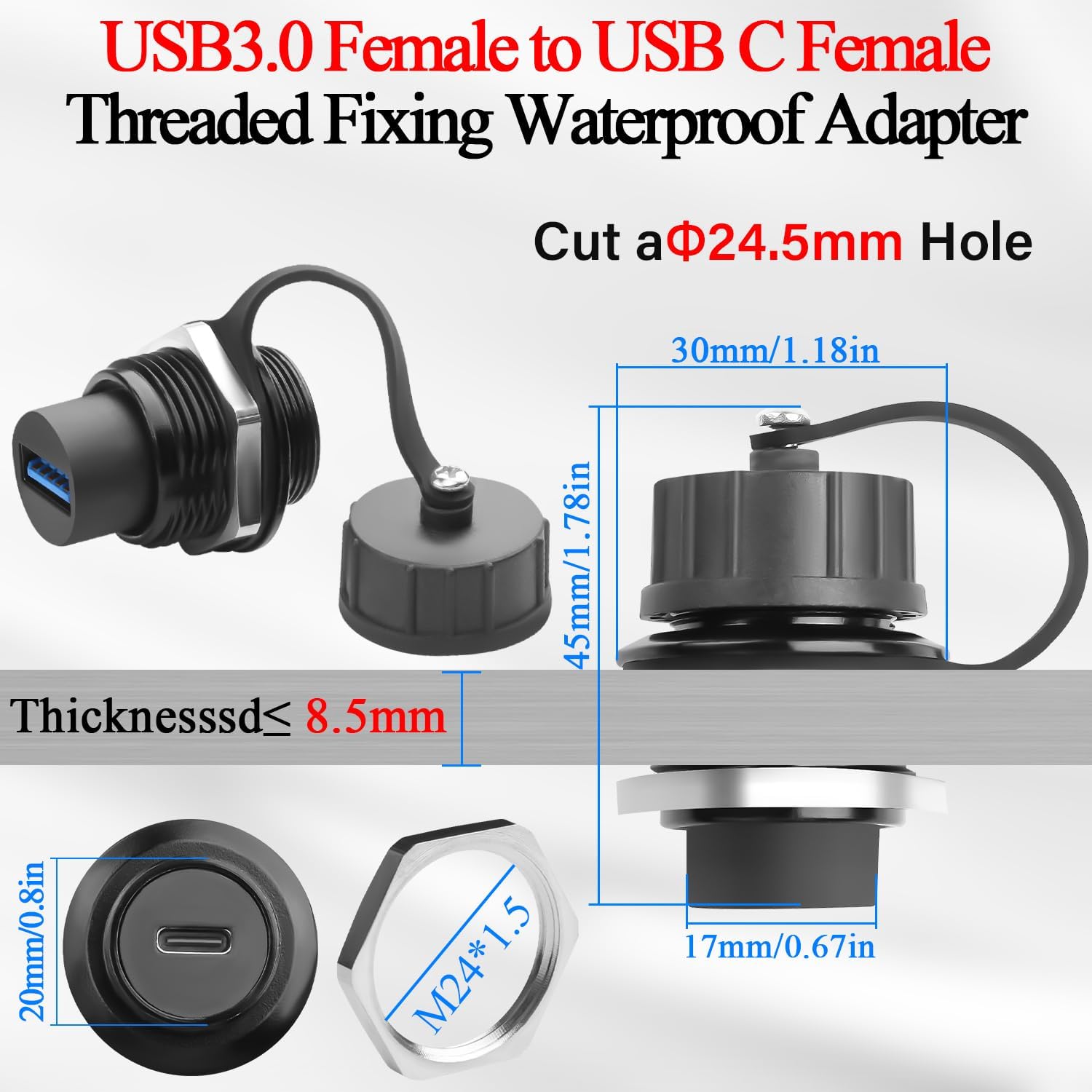 QIANRENON USB 3.0 to USB C Threaded Fixing Waterproof Adapter 5Gbps USB3.0 Female to USB Type C Female Feedthrough Bulkhead Mount Connector Receptacle 5V/1.5A, for Outdoor Data Transfer Charge