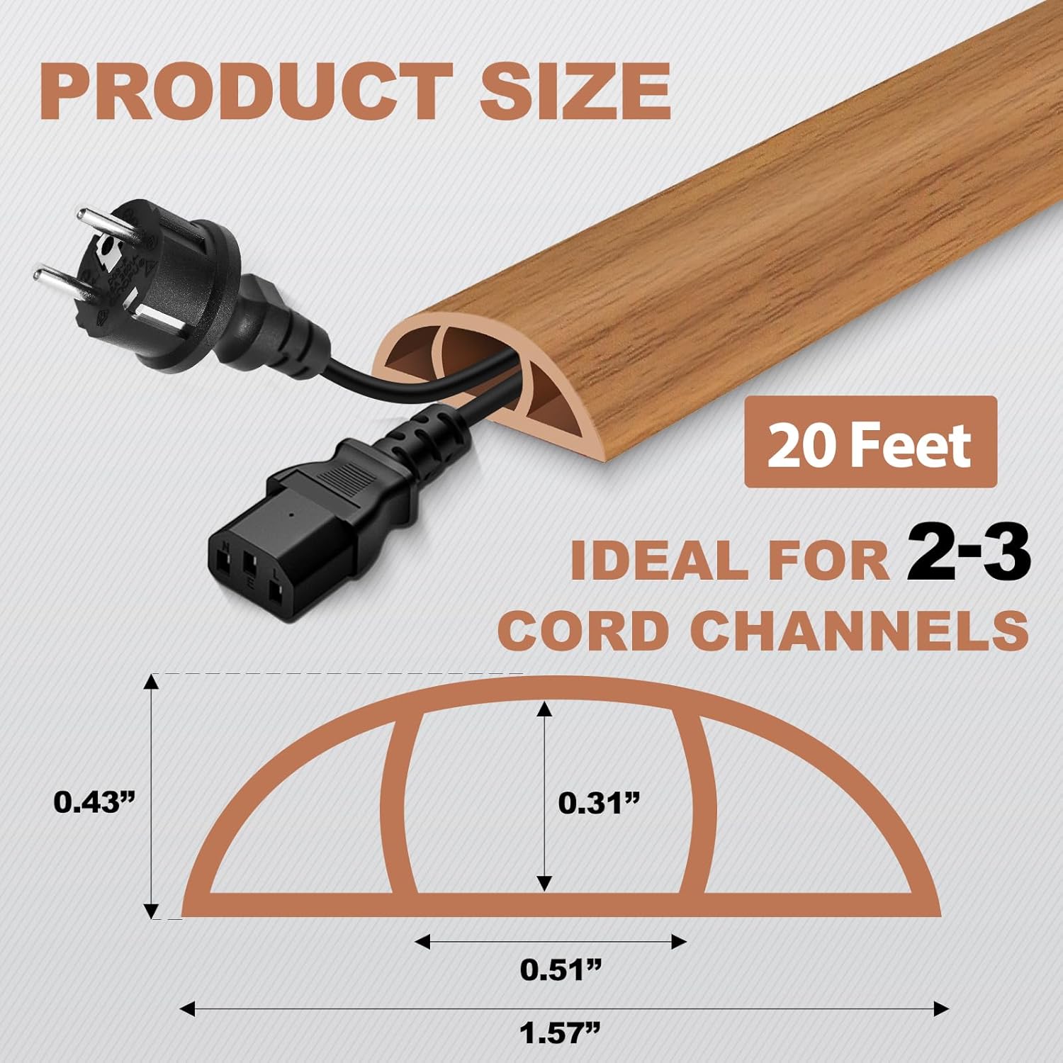 Floor Cord Cover for Wires on Floor Self Adhesive Cord Hider Floor Cable Management Wire Covers for Cords Protector Prevent Cable Trips Cord Cavity W 0.51" x H 0.31", Brown Wood, 20Ft