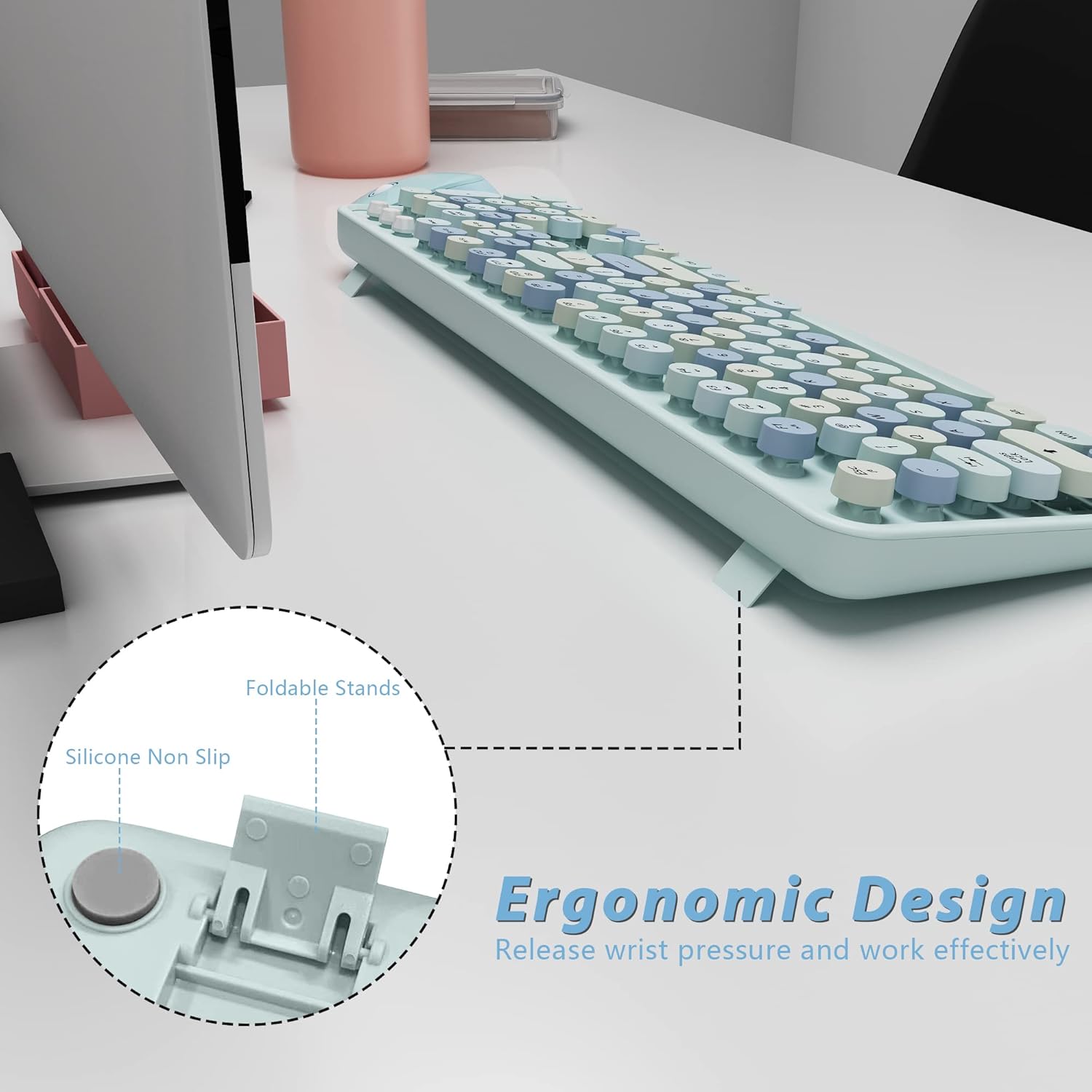 Wireless Keyboard and Mice Combo,Retro Round Keys Full-Sized Cute Keyboard, 2.4Ghz Dropout-Free Connection and Optical Mouse for Windows, Mac, PC, Laptop, Desktop (Blue-Colorful)