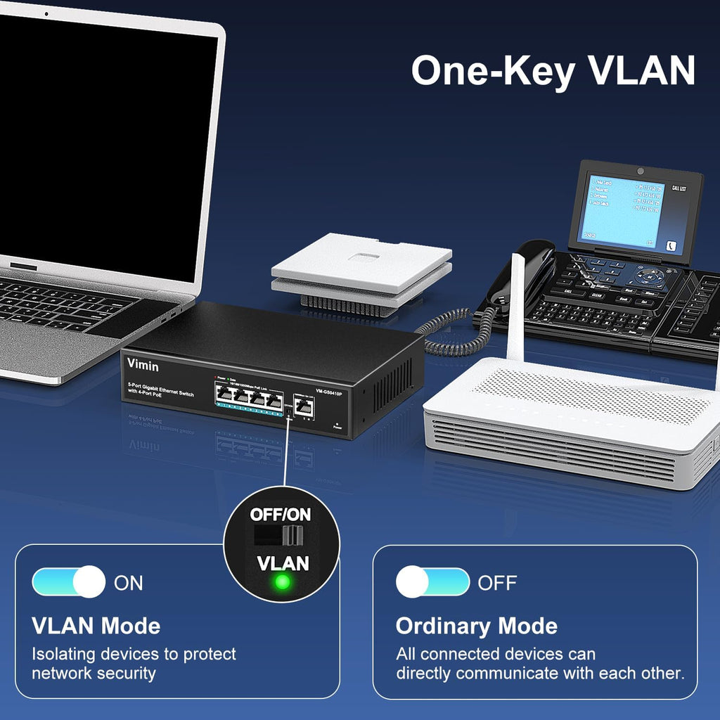 4 Port Gigabit PoE Switch with 1 Uplink Gigabit Ports, VIMIN 5 Port Unmanaged Ethernet PoE Switch with 72W Power, Support IEEE802.3af/at, VLAN, Metal Housing, Desktop or Wall-Mount, Plug & Play