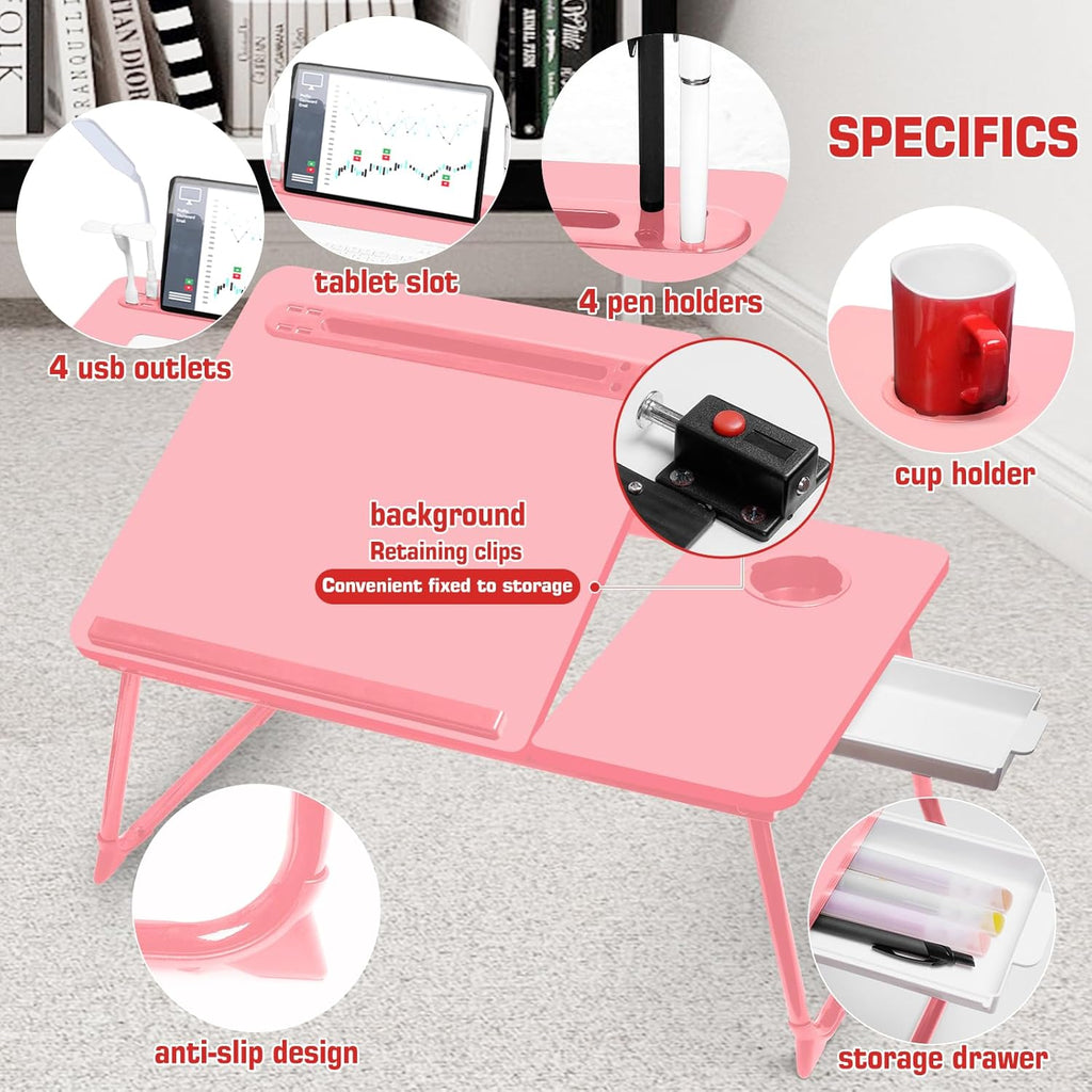 CloudTrip Plus XL Adjustable 17in Laptop Desk with Light, USB Port, iPad Holder, Drawer Storage - Larger 23.6IN Adjustable Lap Desk for Bed, Home Office, Breakfast Tray, Fordable Legs Desk (Pink)