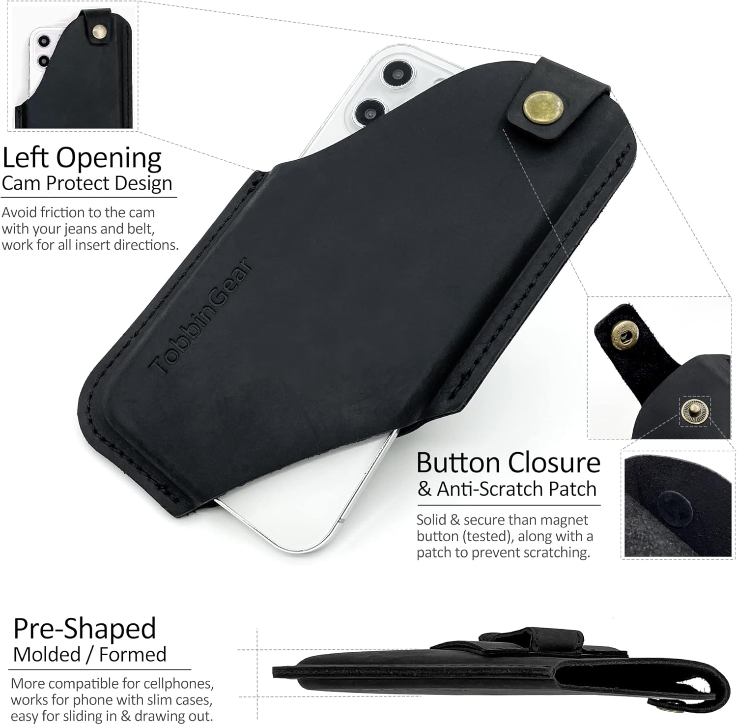 TobbinGear Leather Cell Phone Holster with Belt Clip, Universal Phone Holster for Men Belt Holder, Leather Case for iPhone, Samsung Galaxy Phones, Black, Large