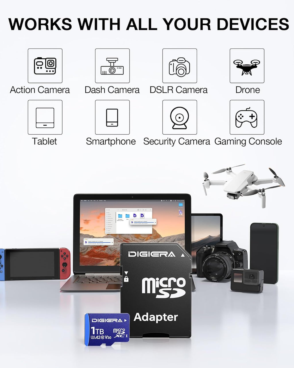 1T LT100 microSDXC UHS-I Memory Card with Adapter - up to 170MB/s, C10, U3, V30, 4K, A2, Micro SD Card for Smartphones, Tablets, Cameras, Gaming Consoles, and Drones (1 Pack)