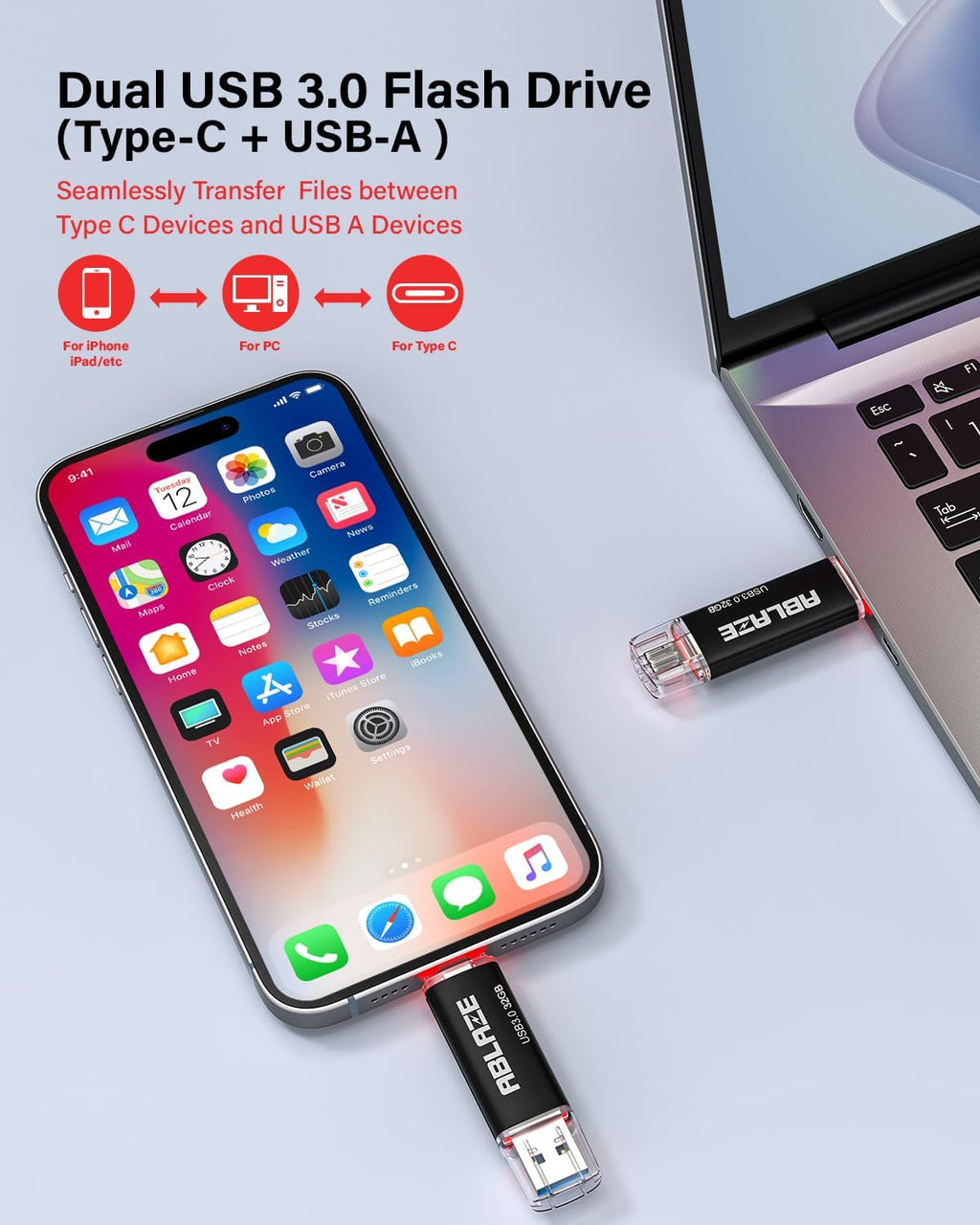 ABLAZE Type C Flash Drive 32GB, Dual USB 3.0+ USB C Flash Drive Compatible with iPhone 16/15,Android Smartphone,Computer,Tablet Mac Laptop