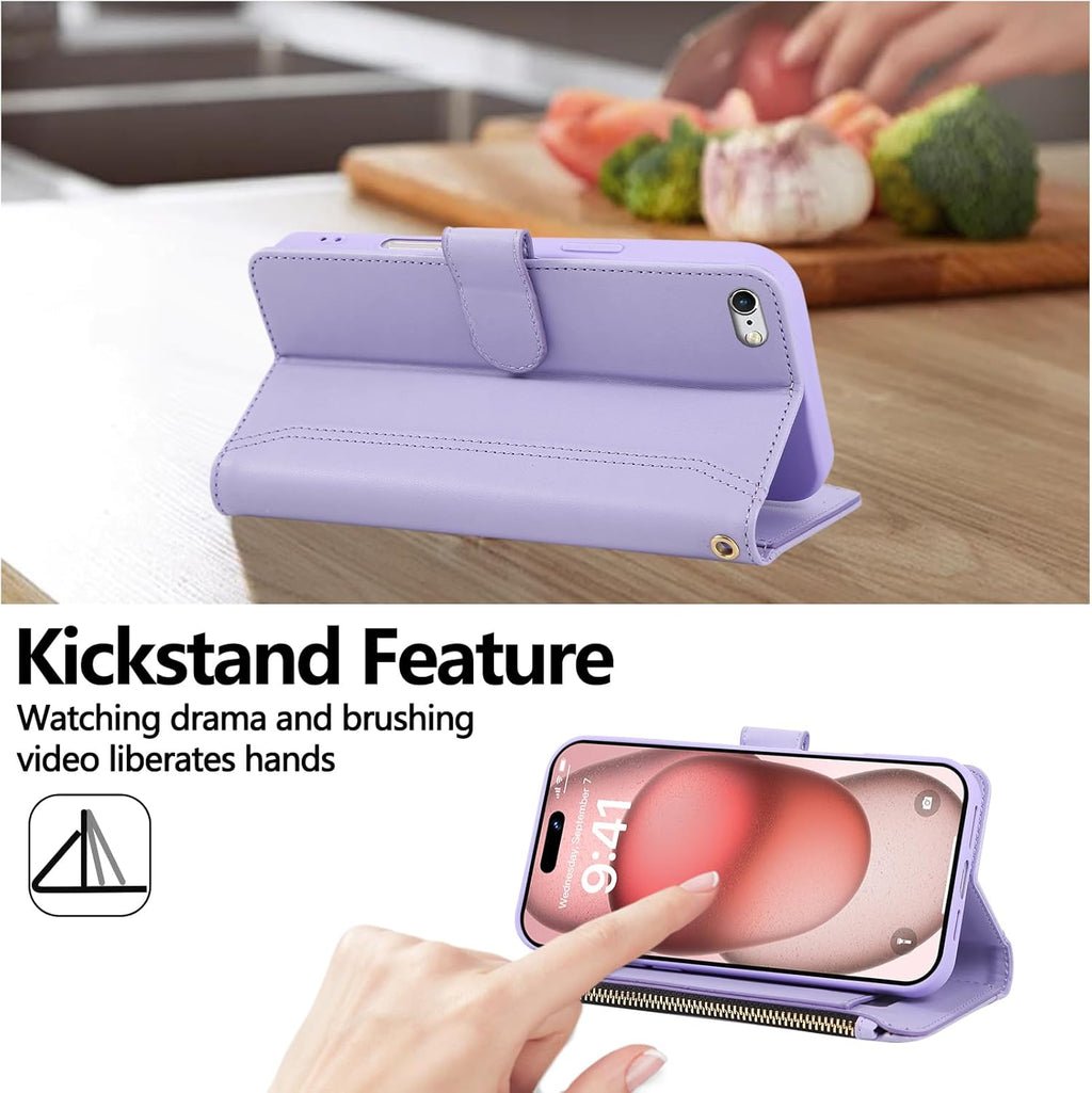 Compatible with iPhone 7/8/SE 2020/SE 2022 Wallet Case PU Leather Shockproof Protective Cover with Credit Card Slots, Zipper Pocket Detachable Wrist Strap,Unisex Design for Men/Women-Purple