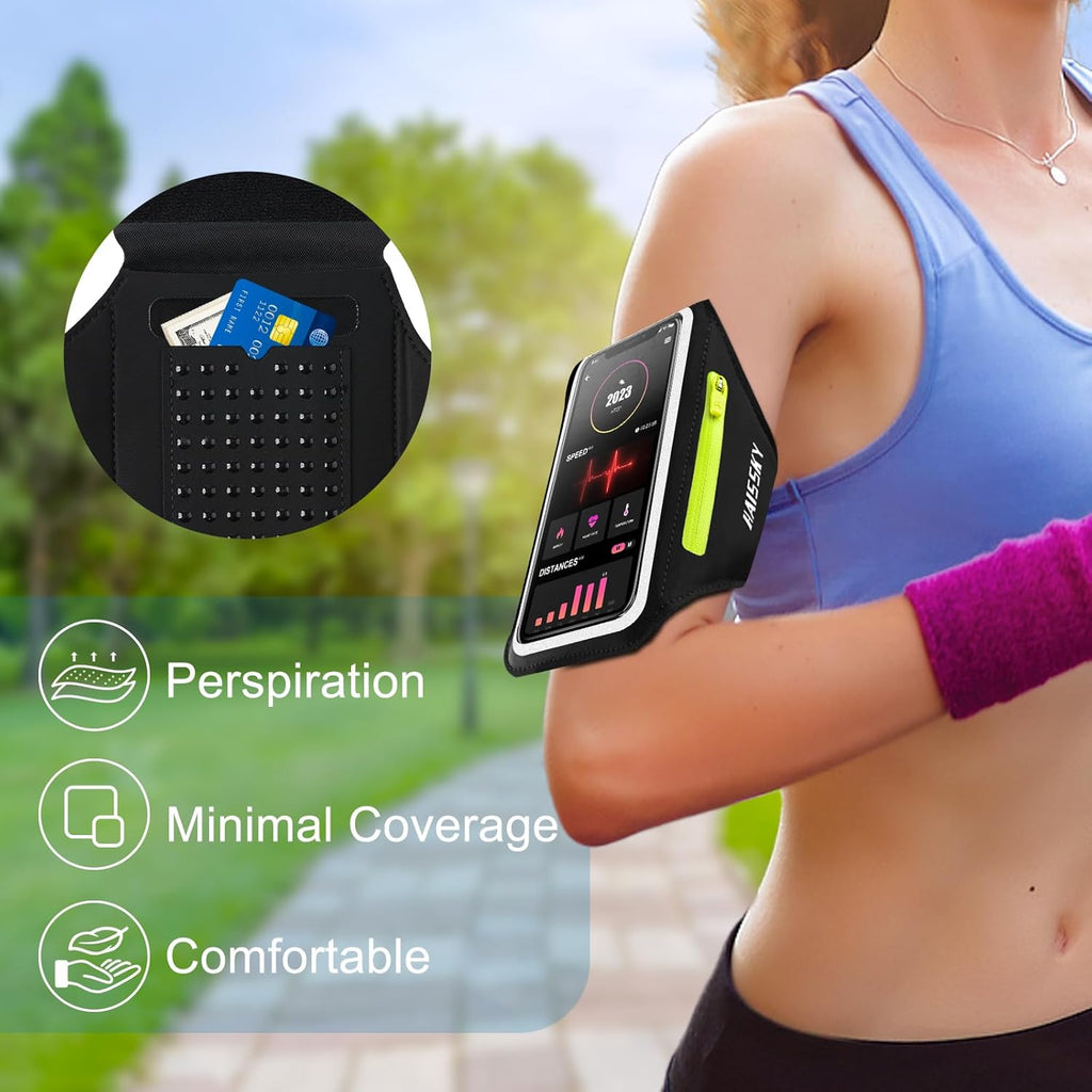 Running Armband with Earphone Bag Cell Phone Armband for iPhone 16 15 Pro 14 Plus 13 11 XR XS, Galaxy S24/S10 Water Resistant Sports Phone Holder Case & Zipper Slot Car Key Holder for 6.9 inch Phone