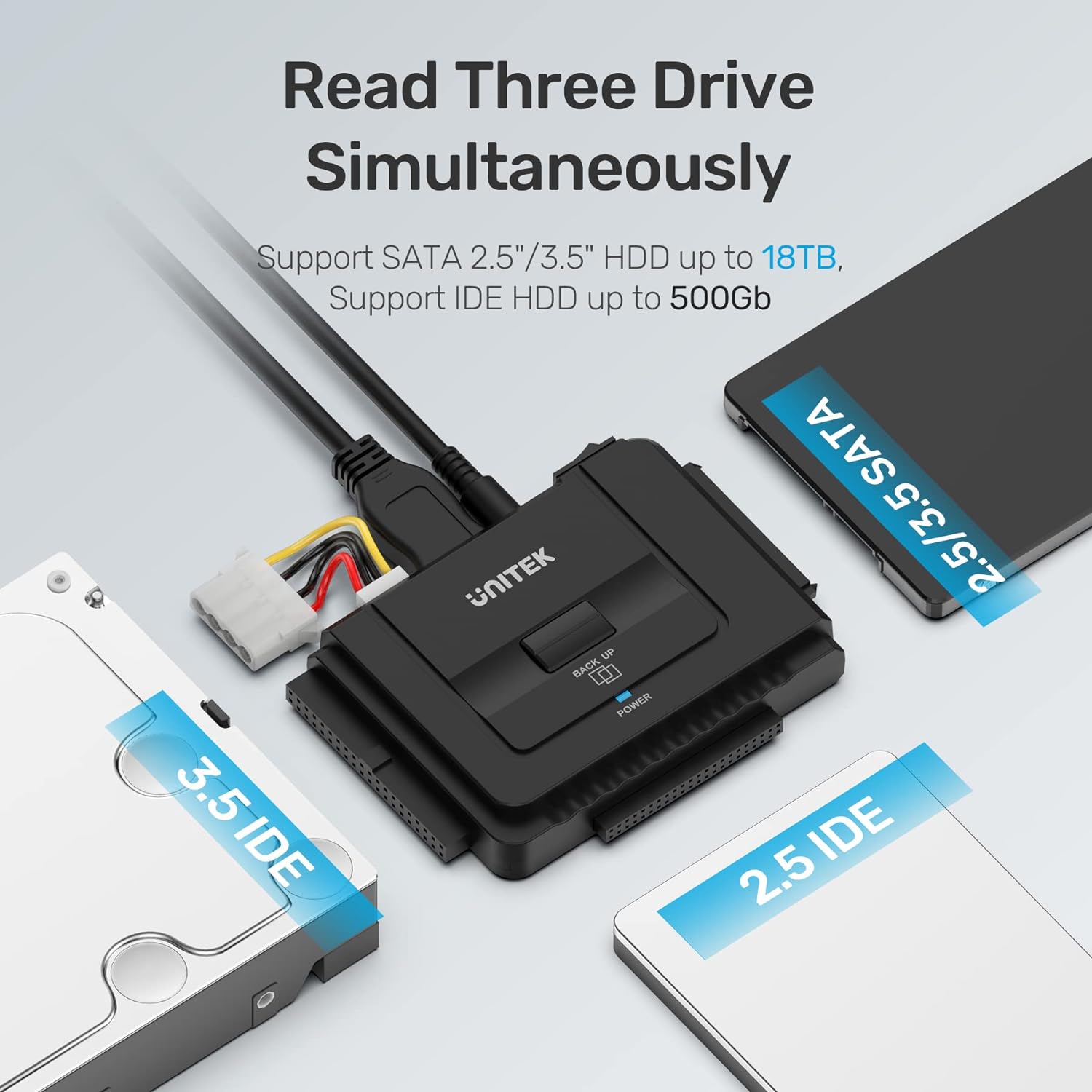 Unitek USB C to IDE and SATA Converter External Hard Drive Adapter Kit for Universal 2.5/3.5 HDD/SSD Hard Drive Disk, One Touch Backup Function, Included 12V/2A Power Adapter