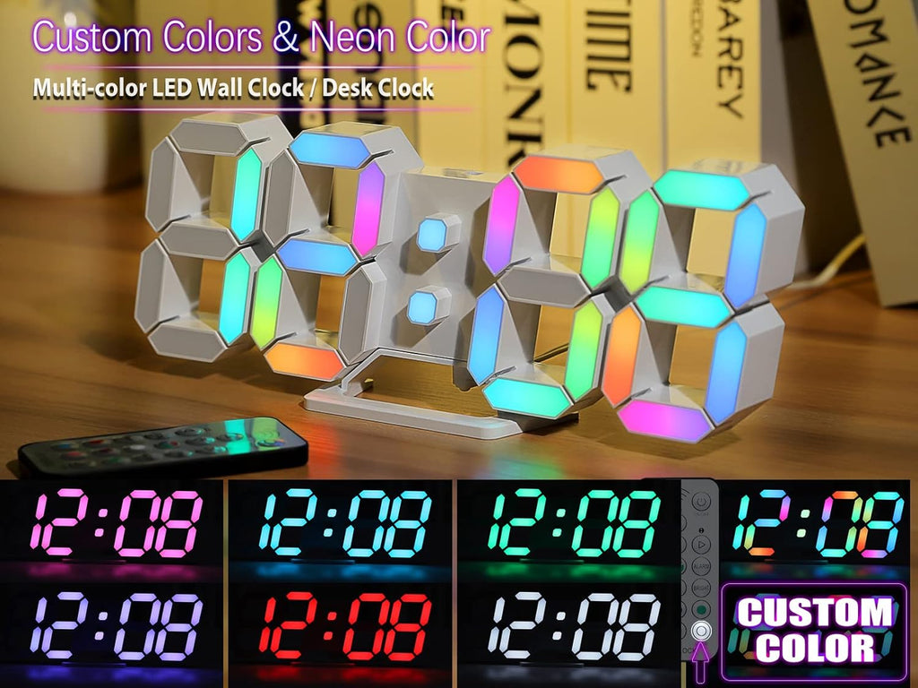 KOSUMOSU Wall Clock Neon Digital Clock 3D LED Desk Clock Large Display 9.7" RGB Clock Alarm Clock for Bedroom Living Room,Remote,Brightness Dimming, Date,Temp