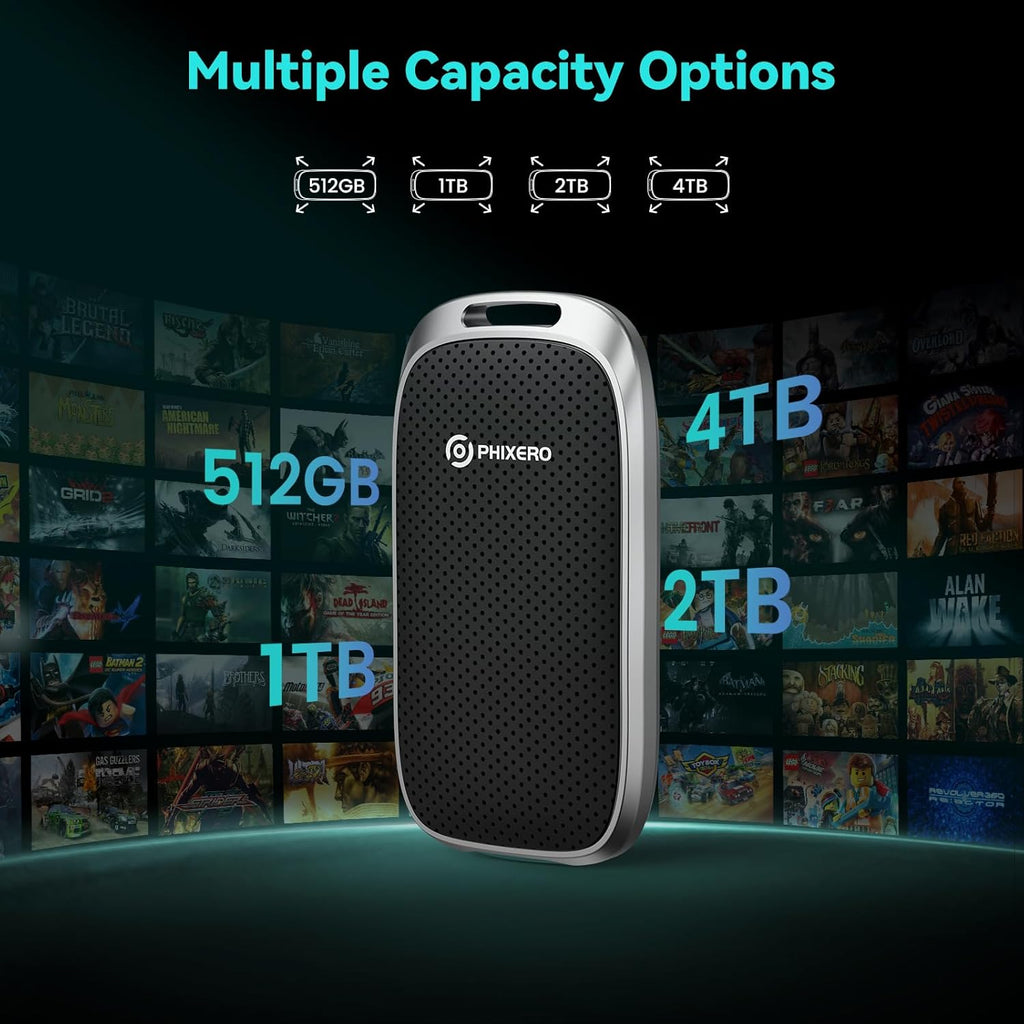 PHIXERO P5 1TB External Portable SSD - 5Gbps External Hard Drive with 2-in-1 USB C to C & USB C to A Cable for PC, Mac, PS5, Xbox | Anti-Shock, Compact Design with Lanyard Hole,Black