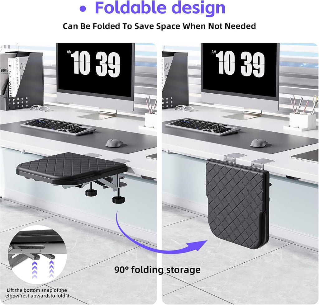 Arm Rest for Desk, 90°Foldable Computer Wrist Rest Shelf with Sponge Padding, Clamp on Arm Support, Ergonomic Sturdy Desk Extender for Office & Home, Durable & Easy to Install (Black)