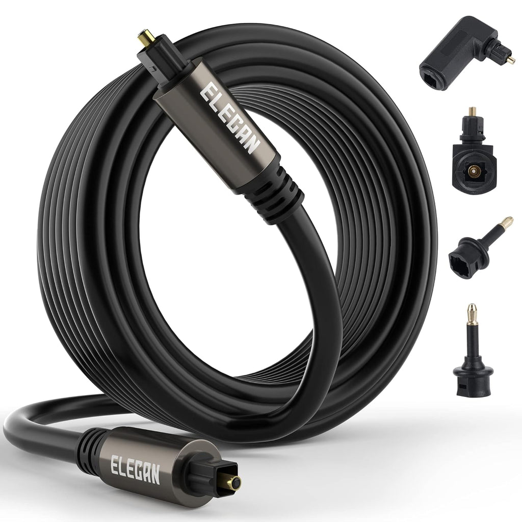 Elecan Optical Audio Cable 20 Ft Digital Audio Toslink Cable Cord-Fiber Optic-Gold Plated-Flexiable&Durable-for Home Theater,Sound Bar,PS4&Xbox-with 4 Right Angled and Mini Toslink Adapters+Ties