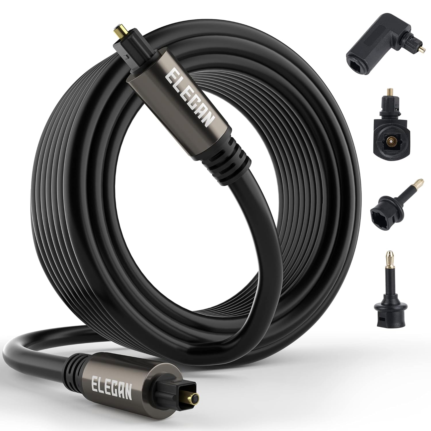 Elecan Optical Audio Cable 20 Ft Digital Audio Toslink Cable Cord-Fiber Optic-Gold Plated-Flexiable&Durable-for Home Theater,Sound Bar,PS4&Xbox-with 4 Right Angled and Mini Toslink Adapters+Ties