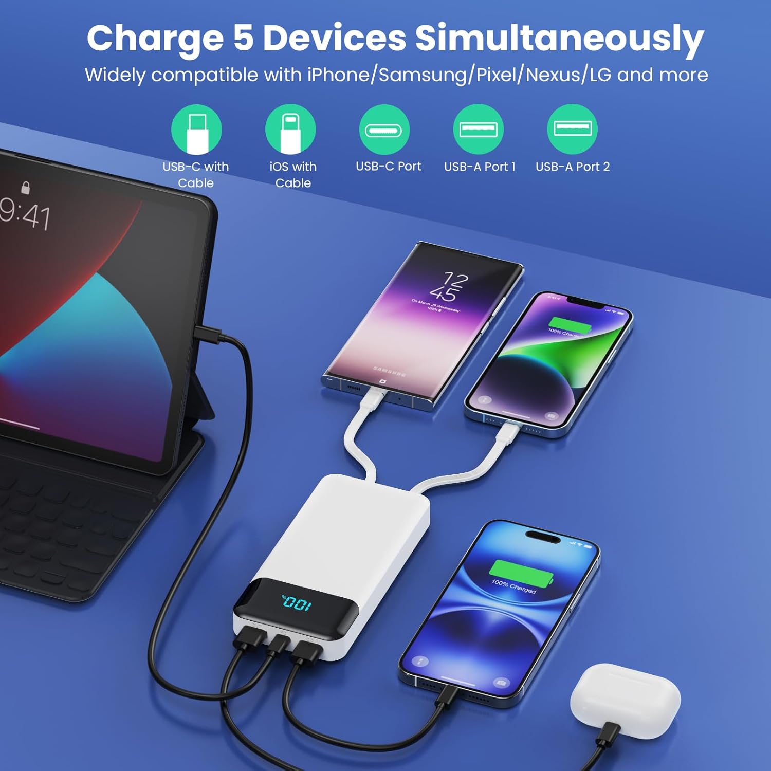 Portable Charger 40800mAh with 3 Built-in Cables,PD 25W USB C in&Out Power Bank Fast Phone Charging,QC4.0 LED Display 5 Outputs External Battery Pack Compatible with iPhone 16/15,Samsung Android-White