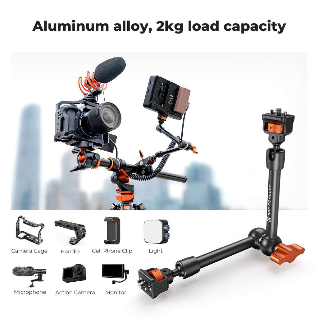 K&F CONCEPT 11" Magic Arm 1/4" Screw 360° Ball Heads Articulating Friction Camera Arm Mount for Monitor, LED Light, Webcam, Microphone, Camera Cage
