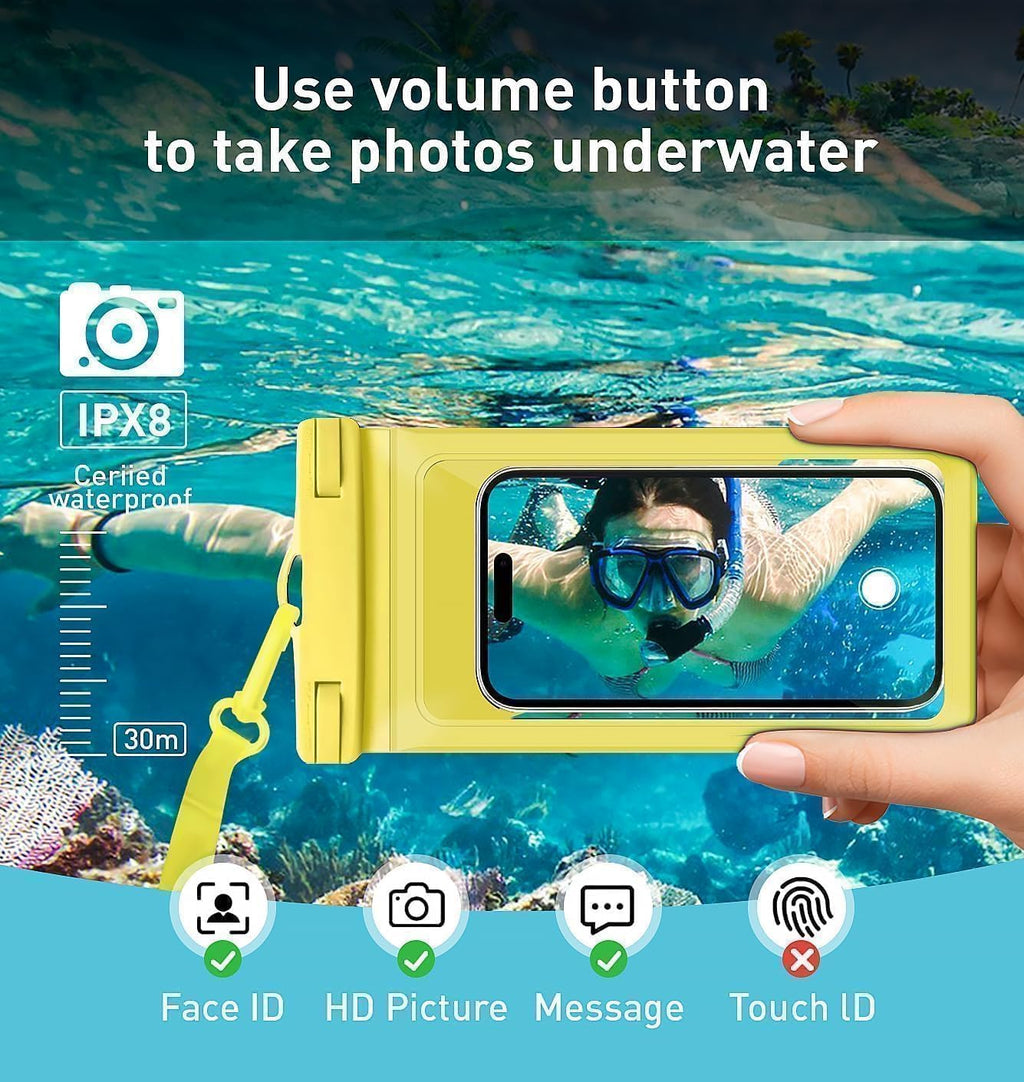 Universal Waterproof Phone Case,with Inside Card, Certified and Lightweight Waterproof Cellphone Pouch Under Water Beach Accessories for iPhone 16 15 14 13 Pro Max, 1 Pack-Yellow-8.3″