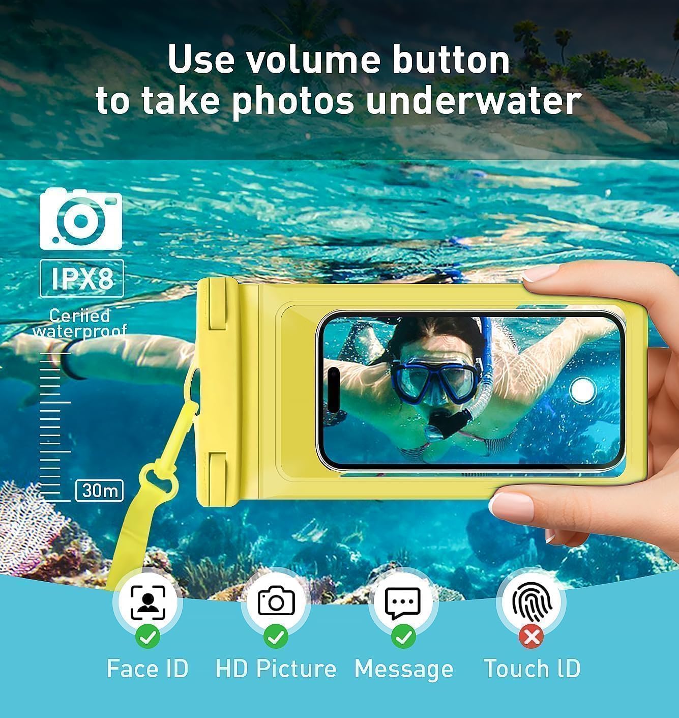 Universal Waterproof Phone Case,with Inside Card, Certified and Lightweight Waterproof Cellphone Pouch Under Water Beach Accessories for iPhone 16 15 14 13 Pro Max, 1 Pack-Yellow-8.3″