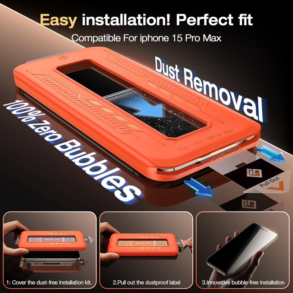 EGV 2 Pack for iPhone 15 Pro Max Privacy Screen Protector [6.7 Inch], 9H+ Military Grade Shatterproof Tempered Glass, Dust-Free Alignment Frame, Easy to Install for Beginners, Bubble-Free