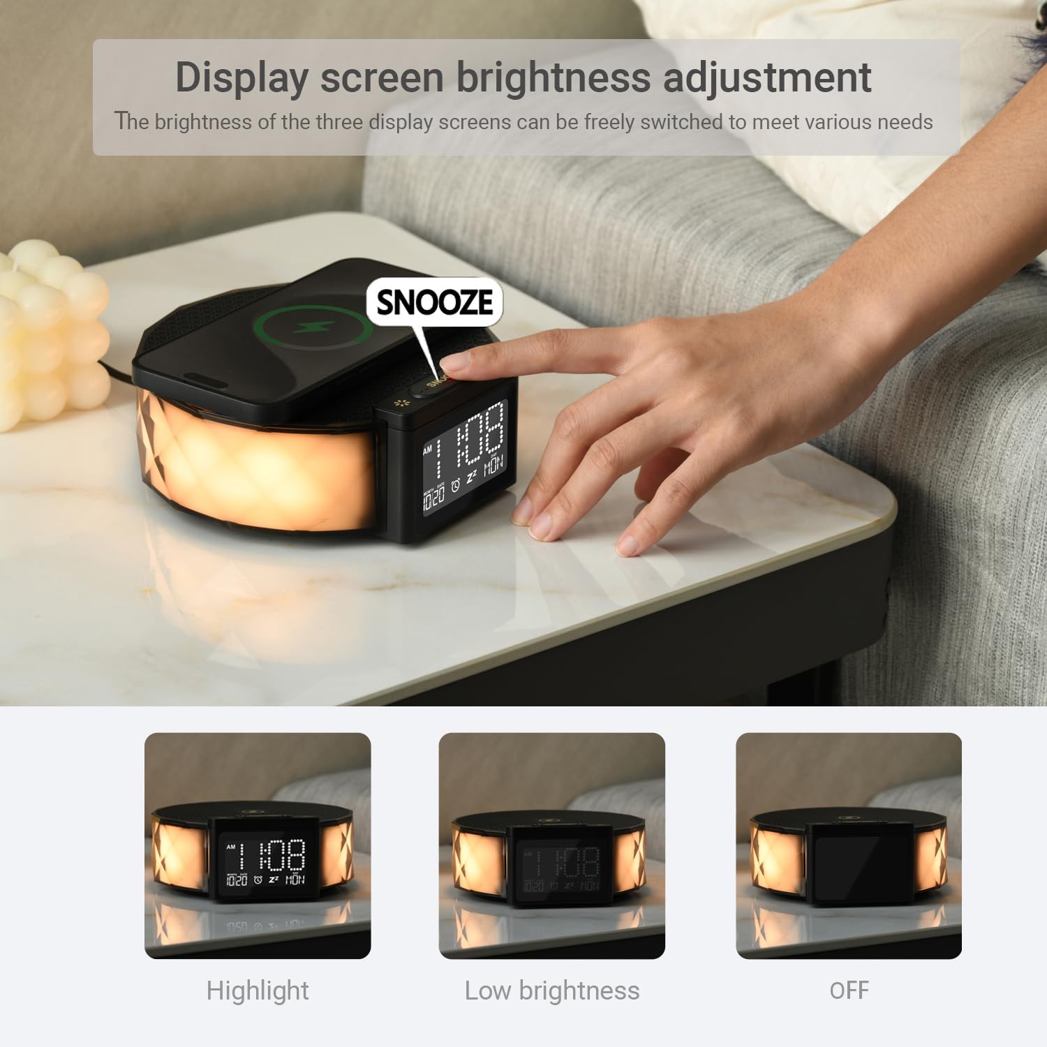 Alarm Clock with Fast Wireless Charging 15W,Digital Alarm Clock Night Lamp for Bedroom, RGB Nightlight for 5 Colors,Snooze Mode,8 Types of Music with Cable (Black)