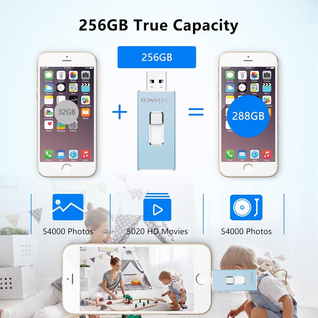 USB Flash Drive 256GB, Apple MFi Certified Photo Stick for iPhone Thumb Drive, iPhone-Memory-Stick for iPad/iPhone/Computer Picture Keeper Portable Hard Drive Blue