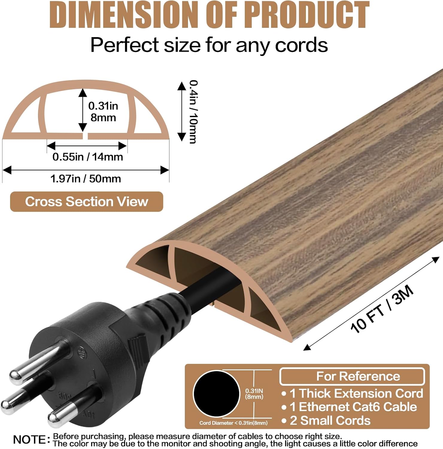 Floor Cord Cover Self Adhesive Cord Hider,10FT Cable Management, Extension Strip Protector for Wires, Prevent Cable Trips for Offices, Gyms, Exhibitions Cavity:0.47"(W) x0.35(H) Woodsmokedbrown