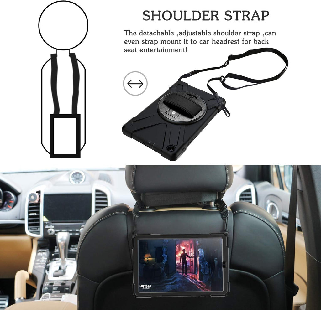 BRAECN for Galaxy Tab A 10.1 2019 Case, Heavy Duty Shockproof Rugged Case with 360 Degree Rotating Hand Strap/Stand and Shoulder Strap for Samsung Tab A 10.1 SM-T510/T515 2019 (Black)