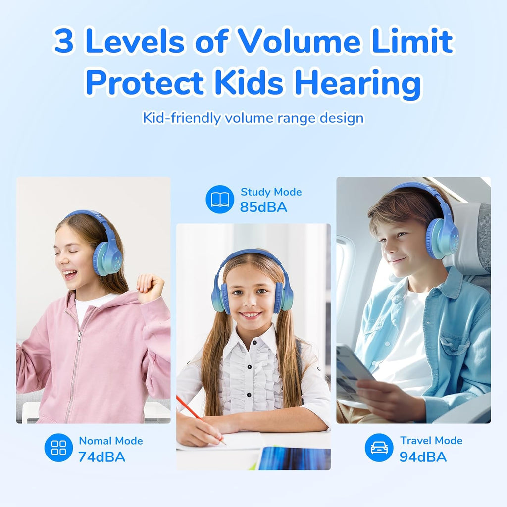 EarFun K4 Kids Bluetooth Headphones, Wireless Headphones with LED Lights, 74/85/94dBA Volume Limited, Built-in Mic, 90H Playtime, Bluetooth 5.4 Over Ear Headphone for iPad/Tablet/PC/School (Green)