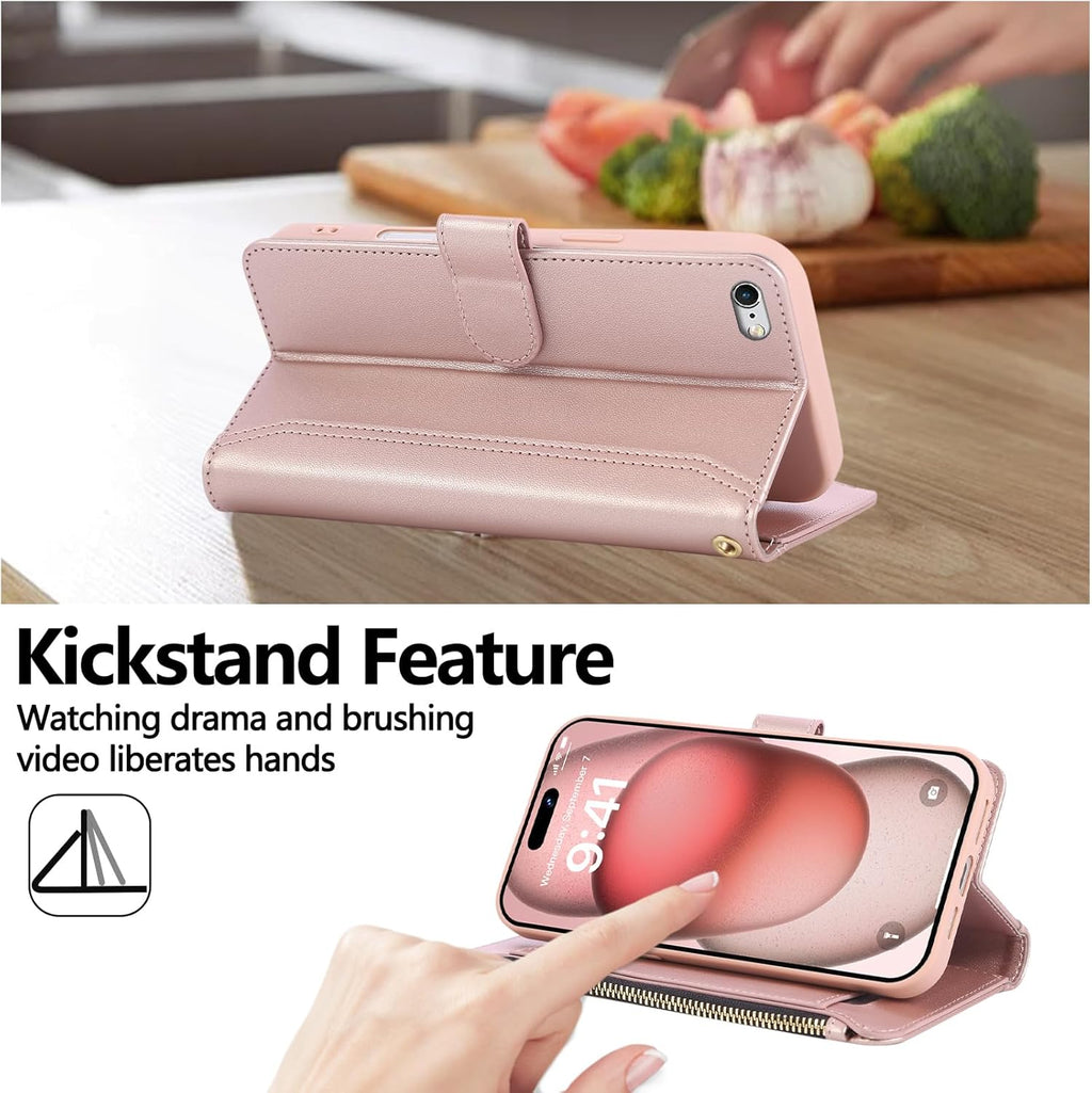 Compatible with iPhone 7/8/SE 2020/SE 2022 Wallet Case PU Leather Shockproof Protective Cover with Credit Card Slots, Zipper Pocket Detachable Wrist Strap,Unisex Design for Men/Women-Pink