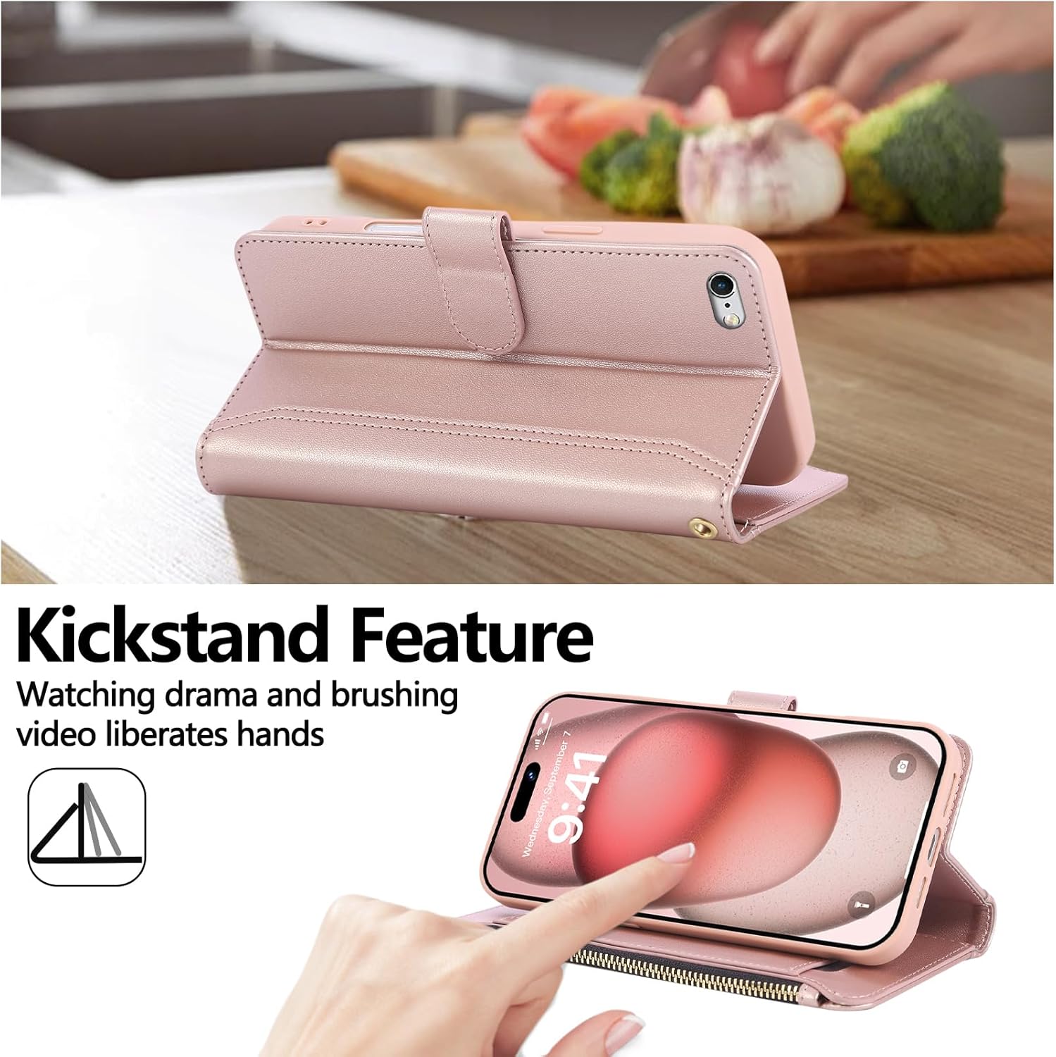 Compatible with iPhone 7/8/SE 2020/SE 2022 Wallet Case PU Leather Shockproof Protective Cover with Credit Card Slots, Zipper Pocket Detachable Wrist Strap,Unisex Design for Men/Women-Pink