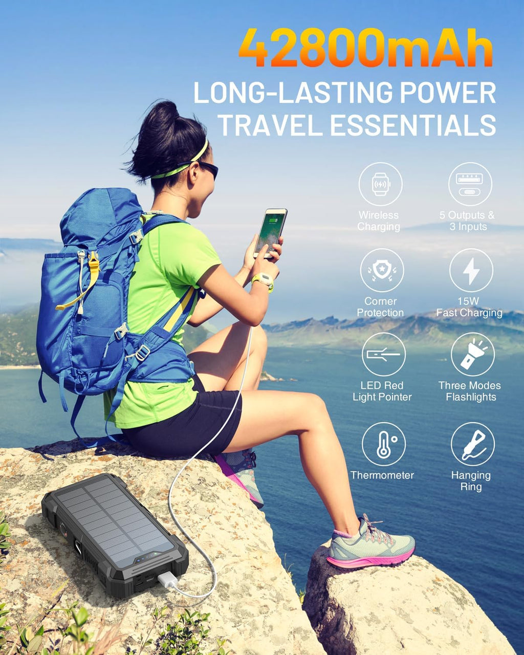 GOODaaa Solar Power Bank, 42800mAh Portable Charger 20W Fast Charging External Battery Pack Built in 4 Cables, Wireless Charging Power Bank for Apple Watches with Flashlight, Carabiner,Thermometer