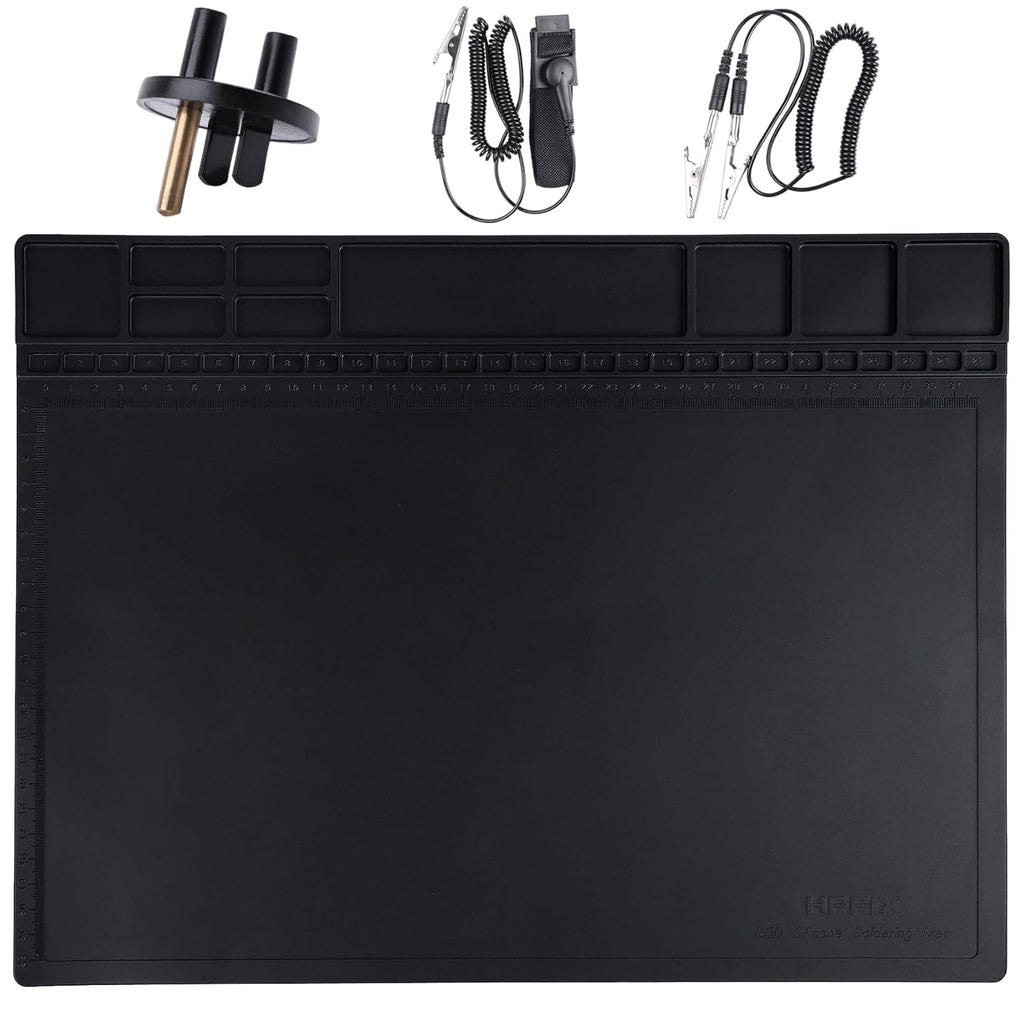 Premium Heat Resistant 932°F Anti Static Mat, HPFIX ESD Mat with Grounding Wire, Grounding Plug, and ESD Wristband, Silicone Soldering Repair Mat for Computer, PC Building, Eelectronics