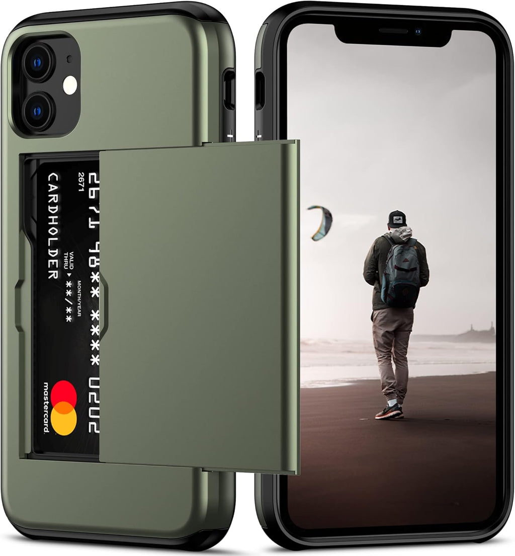 Nvollnoe for iPhone 11 Case with Card Holder Heavy Duty Protective Dual Layer Shockproof Hidden Card Slot Slim Wallet Case for iPhone 11 for Men&Women(Green)