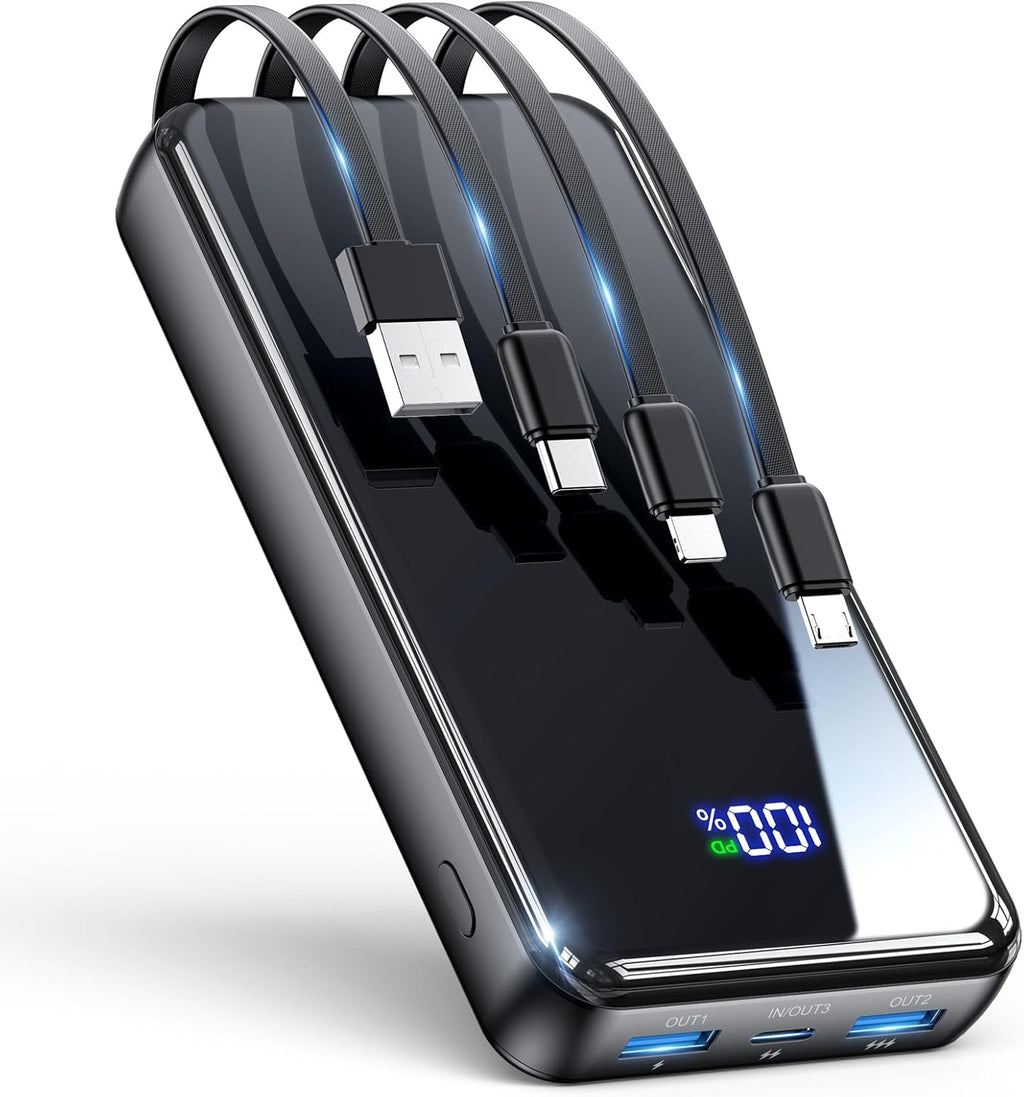 Portable Charger,42800mAh Power Bank Built-in Cable,22.5W PD USB C in & Out Fast Charging, External Battery Pack 6 Output & 2 Input, Travel Phone Charger for iPhone 16/15/14/13/12, Android (Black)