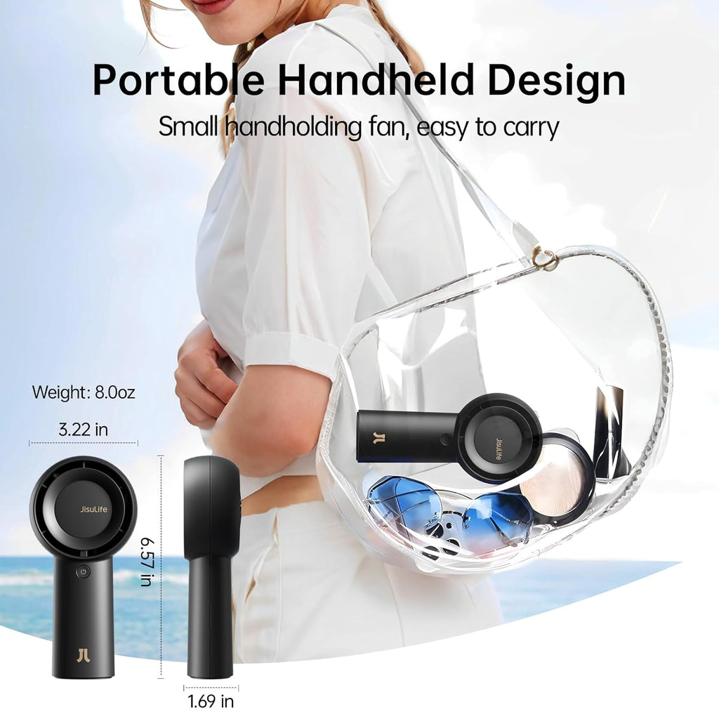 JISULIFE Portable Handheld Turbo Fan [18H Max Cooling Time], 6000mAh USB Rechargeable Personal Battery Operated Lash Small Pocket Fan with 5 Speeds for Travel/Outdoor/Vacation/Concerts- Black