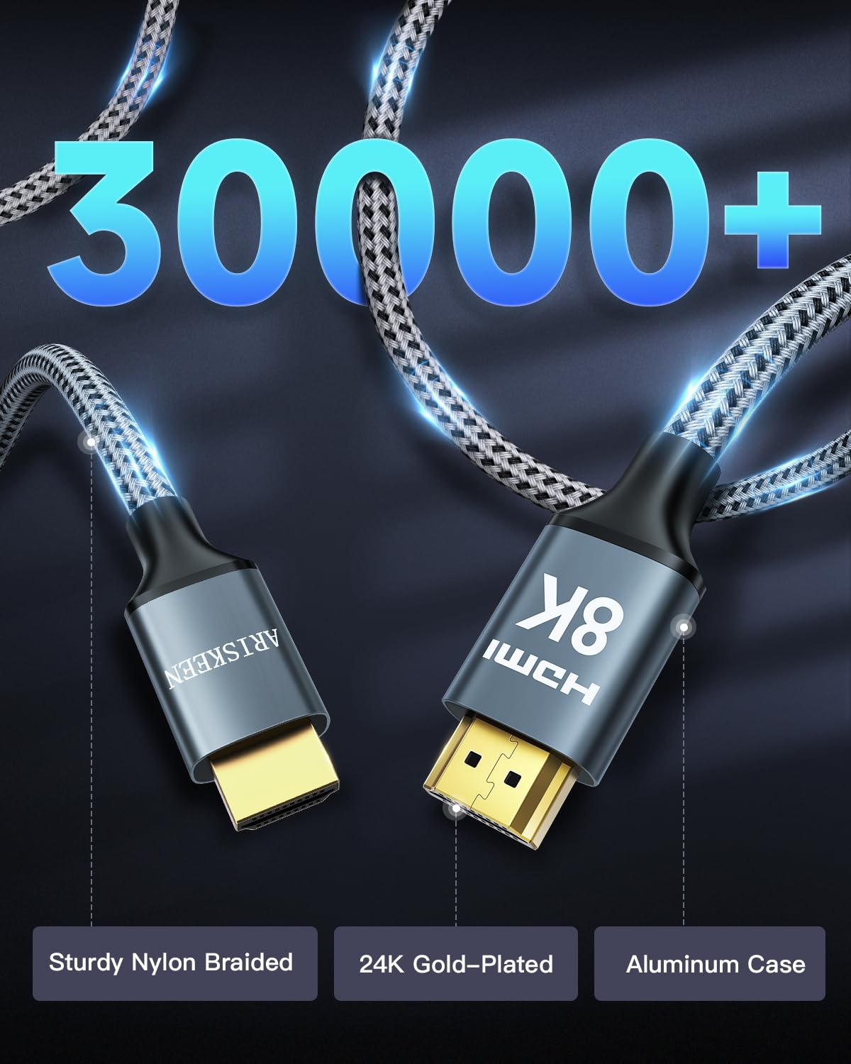 ARISKEEN 8K HDMI Cable 100FT, 48Gbps High Speed Fiber Optic HDMI 2.1 Cable, 8K 60Hz, 4K 120Hz Support for HDR 10, HDCP 2.2 2.3, Unidirectional Braided HDMI Cord Compatible with Laptop/HDTV - 100 Feet