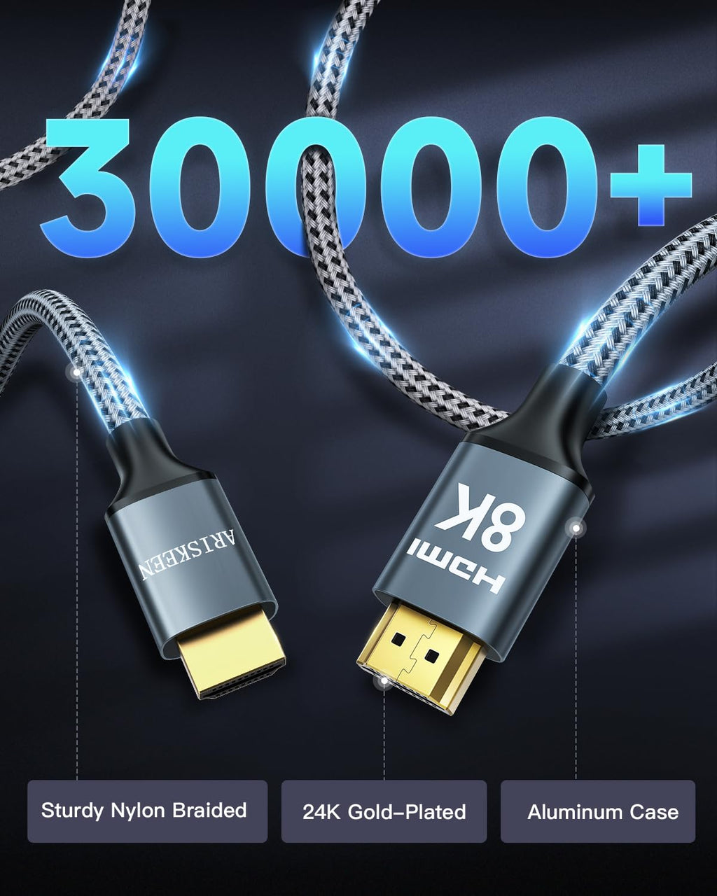 ARISKEEN 8K HDMI Cable 15FT 2-Pack, 48Gbps High Speed HDMI 2.1 Cable, 8K 60Hz, 4K 120Hz 144Hz Support for HDR 10, HDCP 2.2 2.3, eARC, DTS:X, Braided HDMI Cord Compatible with Laptop/HDTV - 15 Feet