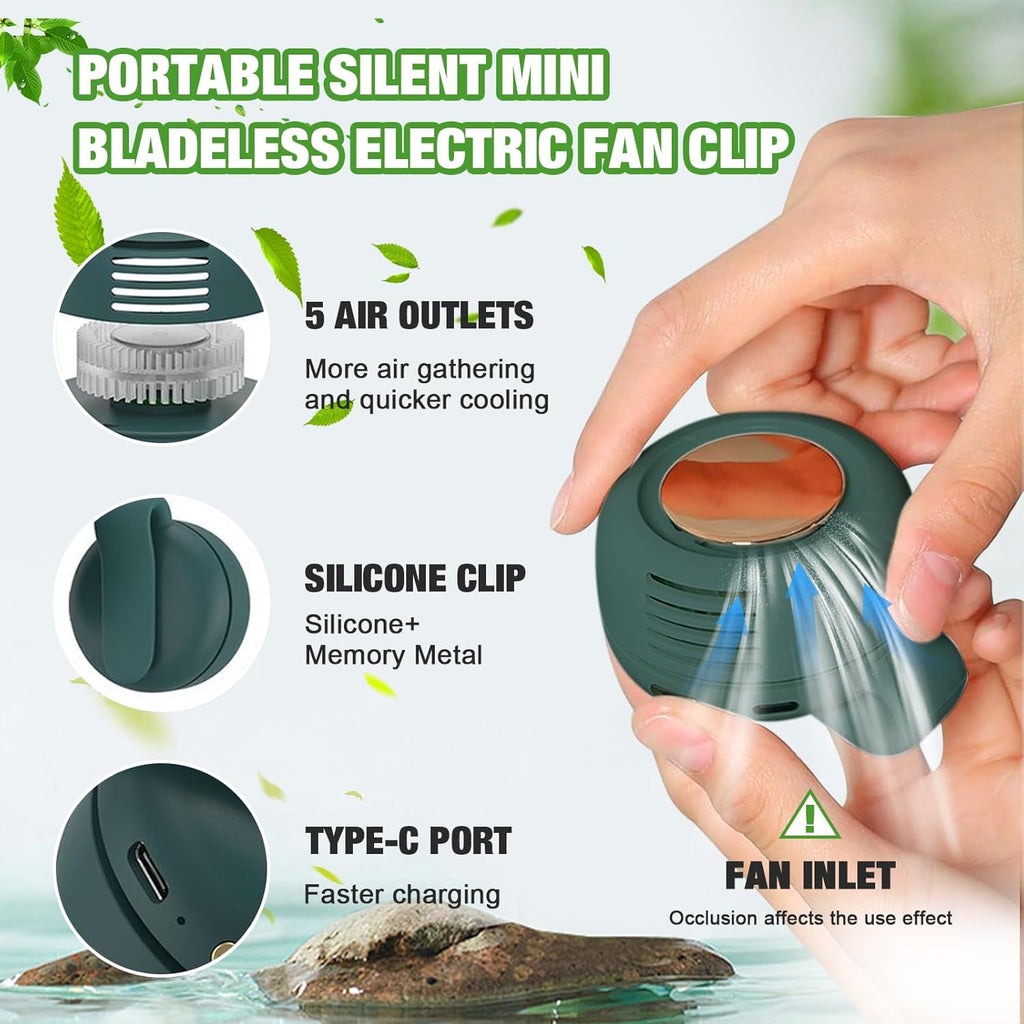 Portable Silent Mini Bladeless Fan Clip on, Portable Silent Mini Bladeless Electric Fan, For Outdoor & Travel & Office, Travel Accessories, Gift, Adjustable 3-Speed (Type-c, Green)