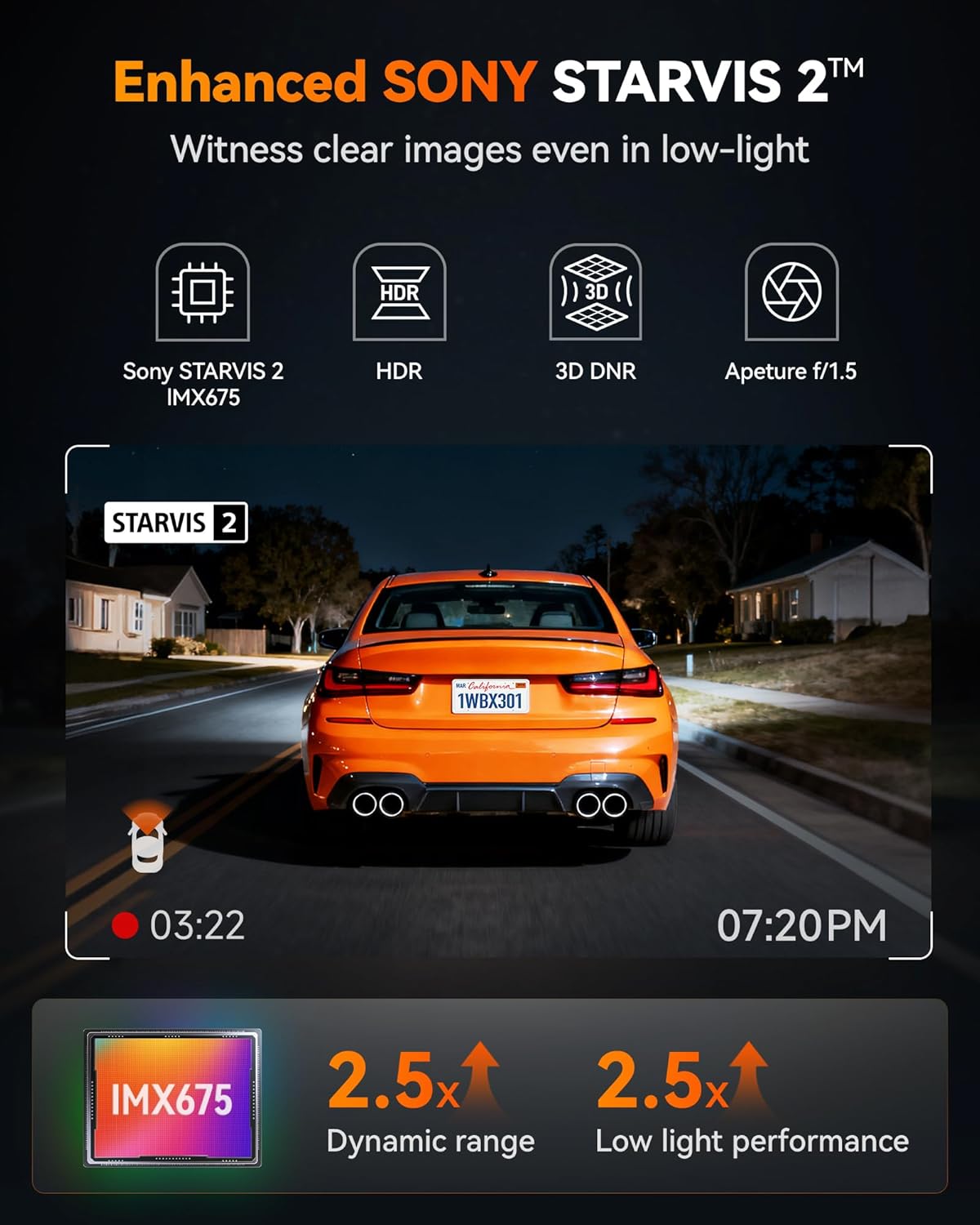 WOLFBOX X3 2.5K 1440P 60FPS Dash Camera, STARVIS 2 IMX675 with ADAS, 1440P+1080P Dual Dashcam Front and Rear Camera with Built-in 5.8GHz WiFi & GPS, 64GB Card, Touch Screen, G-Sensor, Loop Recording