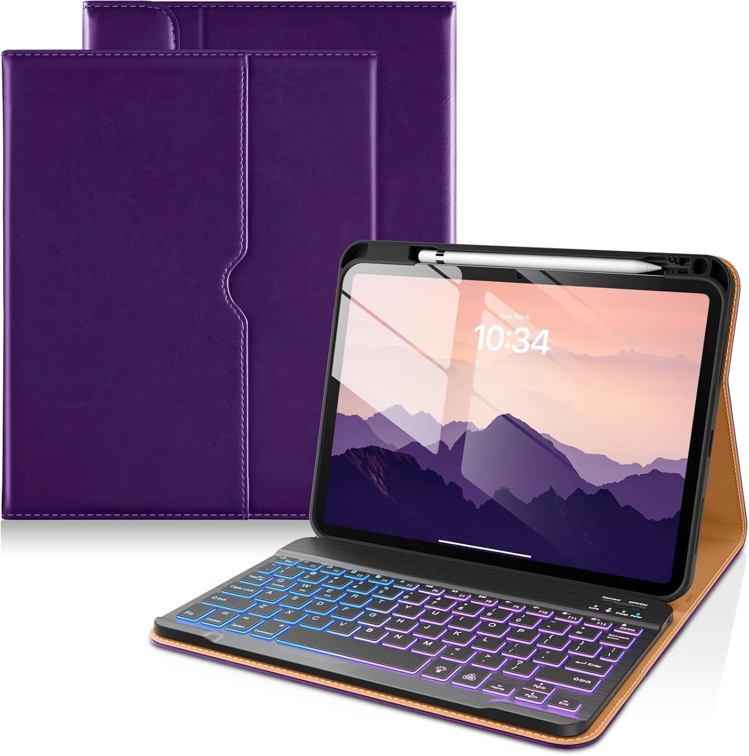 DTTO for iPad 11th (A16)/ 10th Generation Case with Keyboard (2025/2022), 7 Colors Backlit Wireless Detachable Keyboard Leather Folio Cover with Pencil Holder & Pocket, Deep Purple