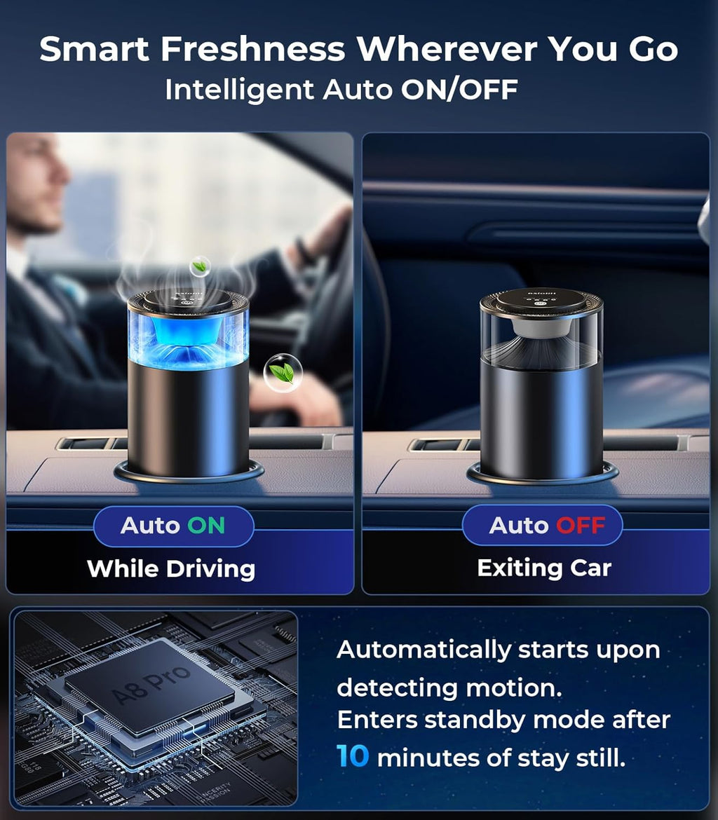 Smart Car Air Fresheners, Ambient Light & Mist Fragrance, Auto On/Off Car Air Freshener Diffuser, Adjustable Intensity, Lasts 6 Months, Built-in Battery, Premium Scents Refill X2 - Coconut