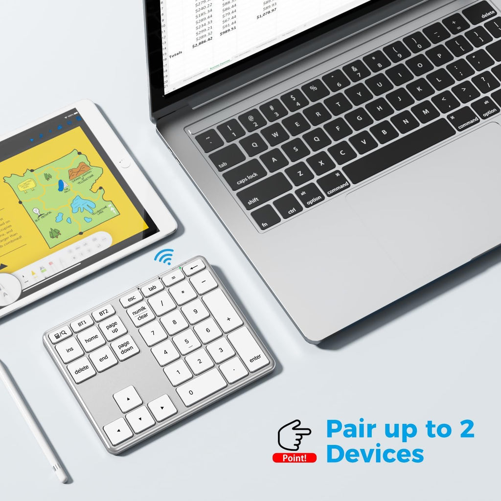 iClever KP10 Bluetooth Number Pad, Dual Device Connection, 34 Keys Ultra-Slim for Mac/Windows/iPad, USB-C Rechargeable, Quiet Keys, Excel Accounting Numpad with Long Battery Life