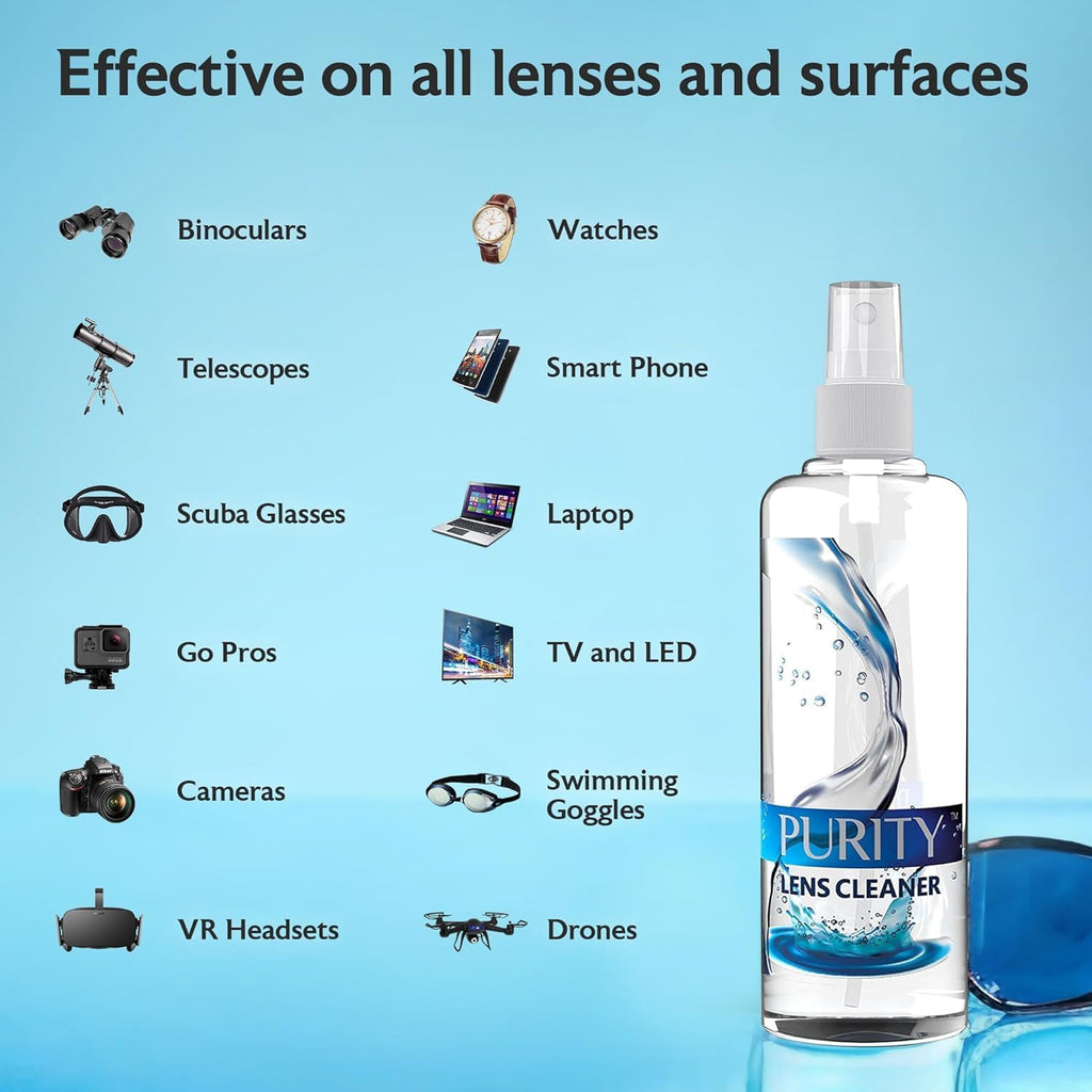Purity Eyeglass Cleaner Family Pack - Multi-Size Lens Cleaner Kit - 1x1oz, 1x2oz, 1x4oz, 1x8oz Bottles + 4 Premium Microfiber Cloths - Safe for All Lenses, Eyeglasses, & Screens - Streak-Free Formula